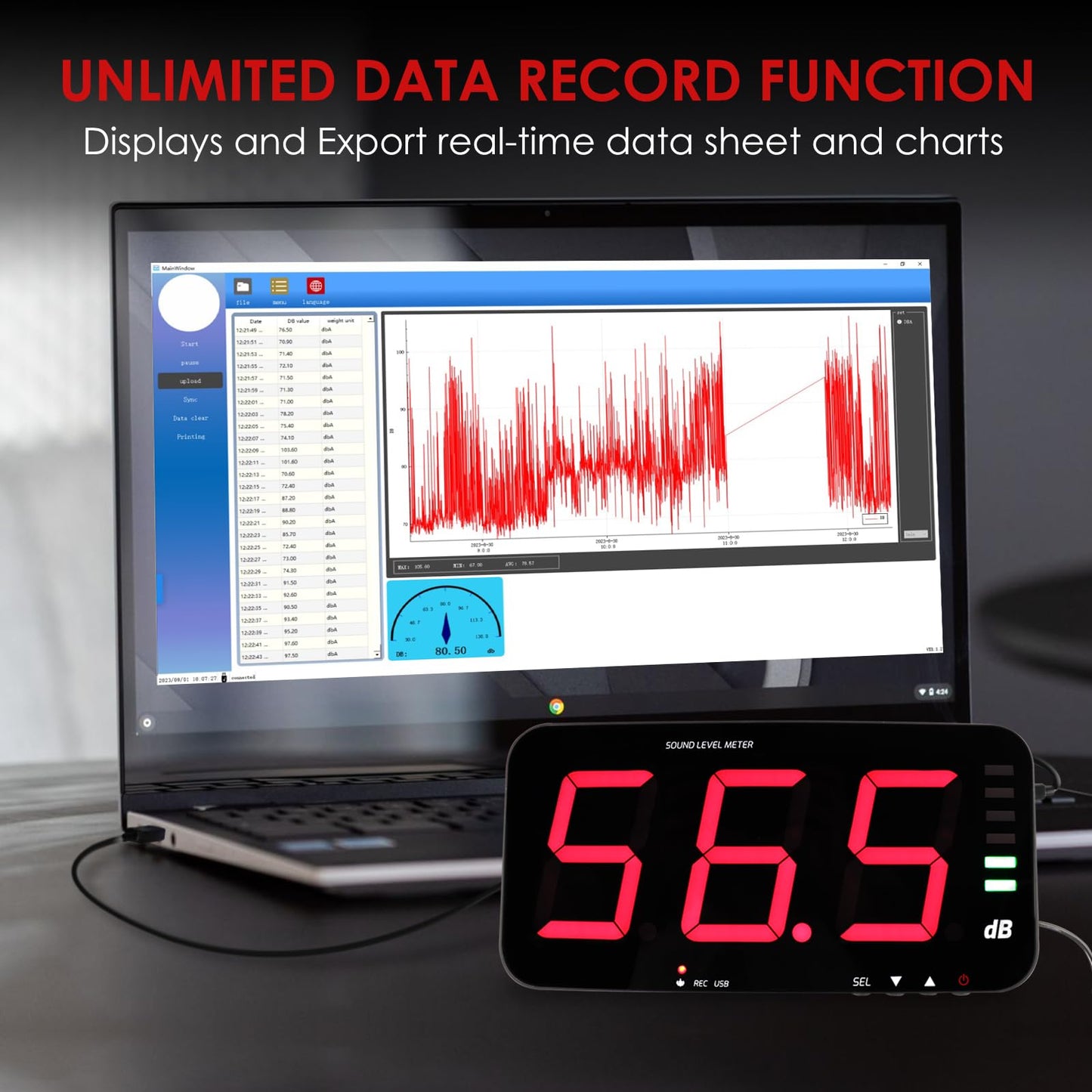 Decibel Meter Recorder 13 Inches Sound Level Meter, Wall Mount Noise Meter for Classroom Sound Meter with 16.4ft Sensor, Buzzer Alarm and Unlimited Data Logging, Noise Meter Decibel for Studio, Home