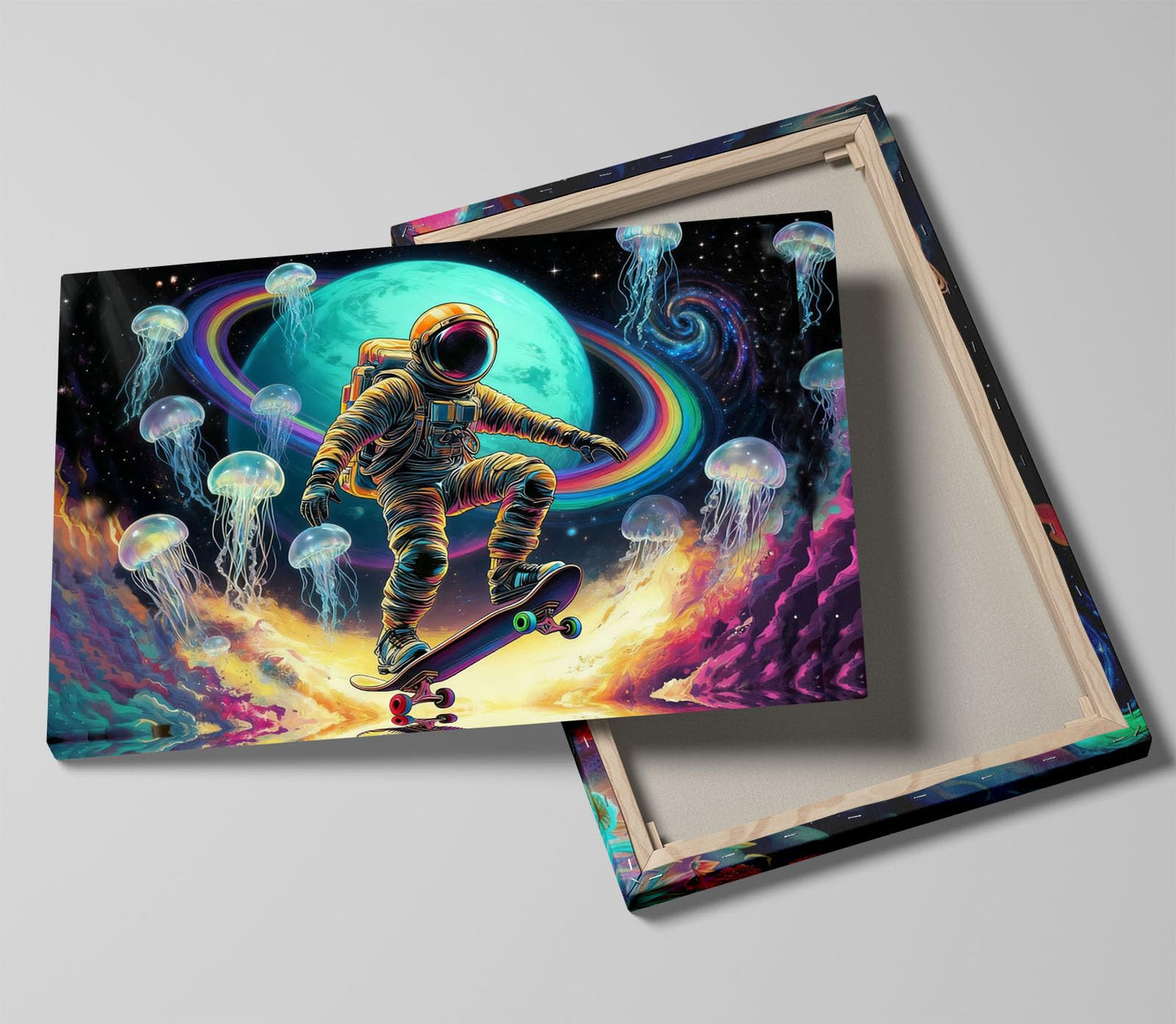 16x24 Framed Space Astronaut Skateboard Canvas Wall Art Colorful Galaxy Print with Jellyfish Rainbow Cosmic Tenn Boy Room Fantasy Decor Kids Bedroom Funny Earth Poster Child Study Room Office Picture