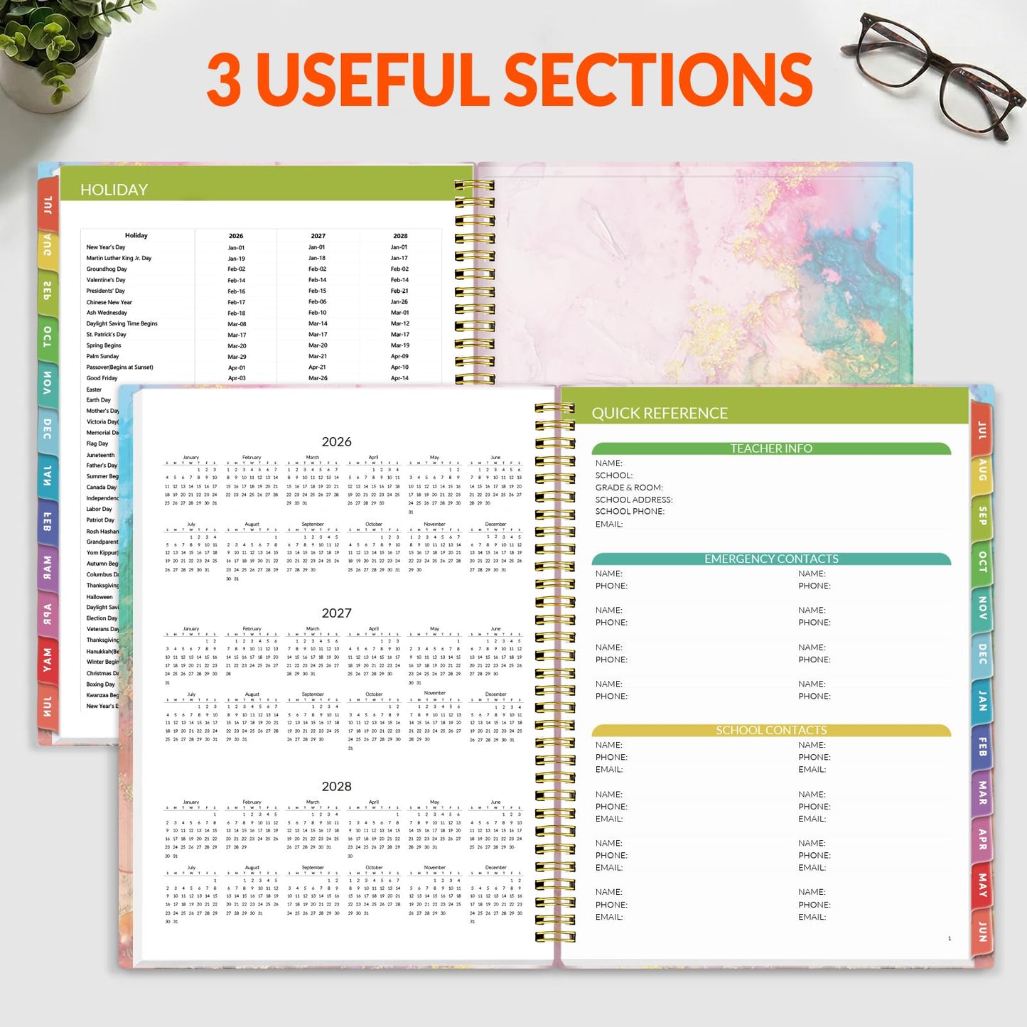 SUNEE Teacher Planner 2026-2027 Academic Year, Lite Lesson Planner Book with 7 Periods Jul 2026 - Jun 2027, 8.5"x11" Daily Weekly and Monthly Organizers, Plan Book with Pocket, Color Tabs, Pink Marble