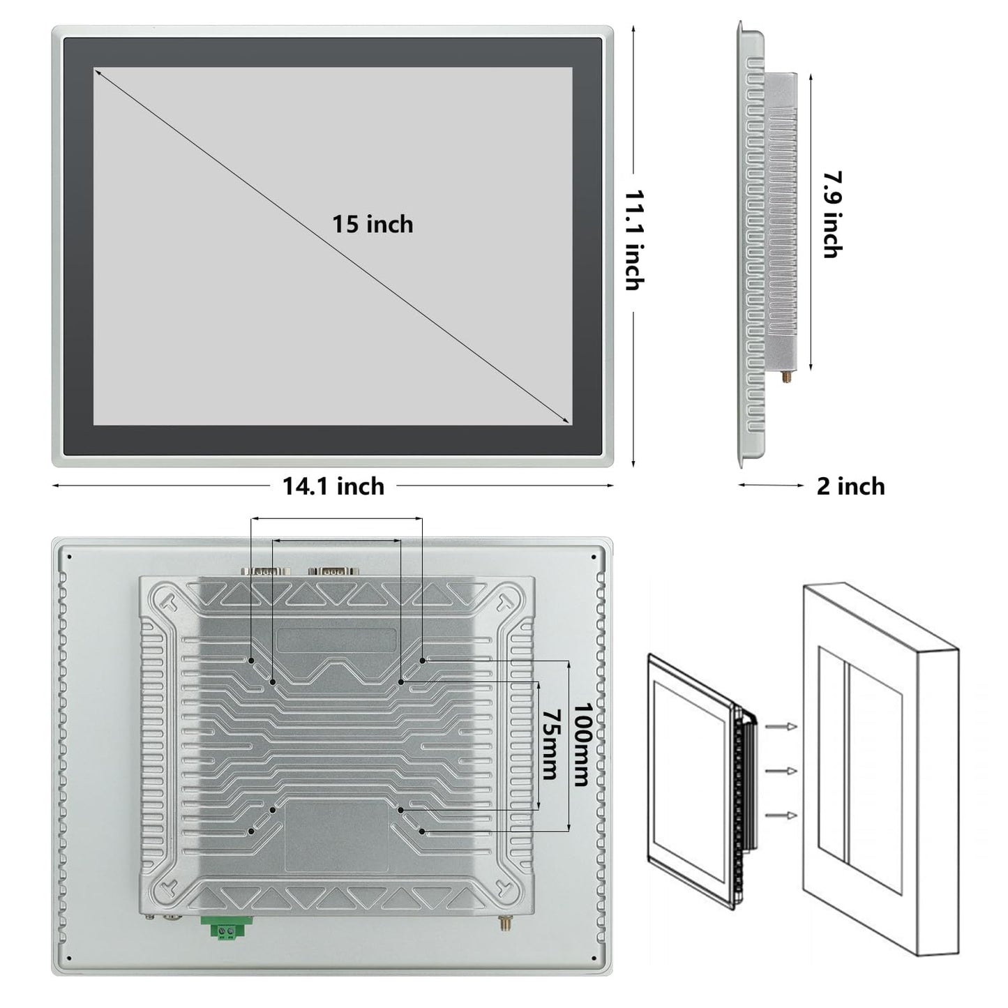 TouchWo 15 inch Industrial Embedded Touchscreen Monitor, Capacitive Multi-Touch Screen Industrial Front IP65 Monitor Built-in Speakers, HD-MI in, USB, VGA, 4:3 1024x768 Display