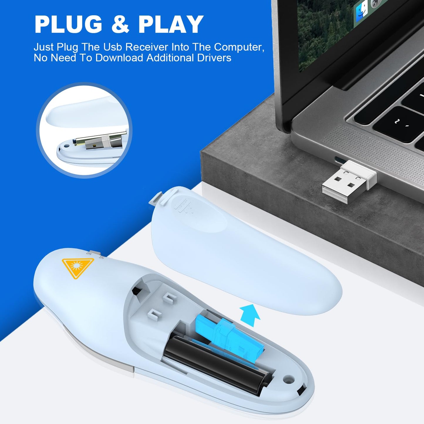 QUI 2 Pack Wireless Presenter PowerPoint Clicker, RF 2.4GHz USB Presentation Clicker for Google Slides, Keynote, Mac, Windows (USB Type-c, Blue)