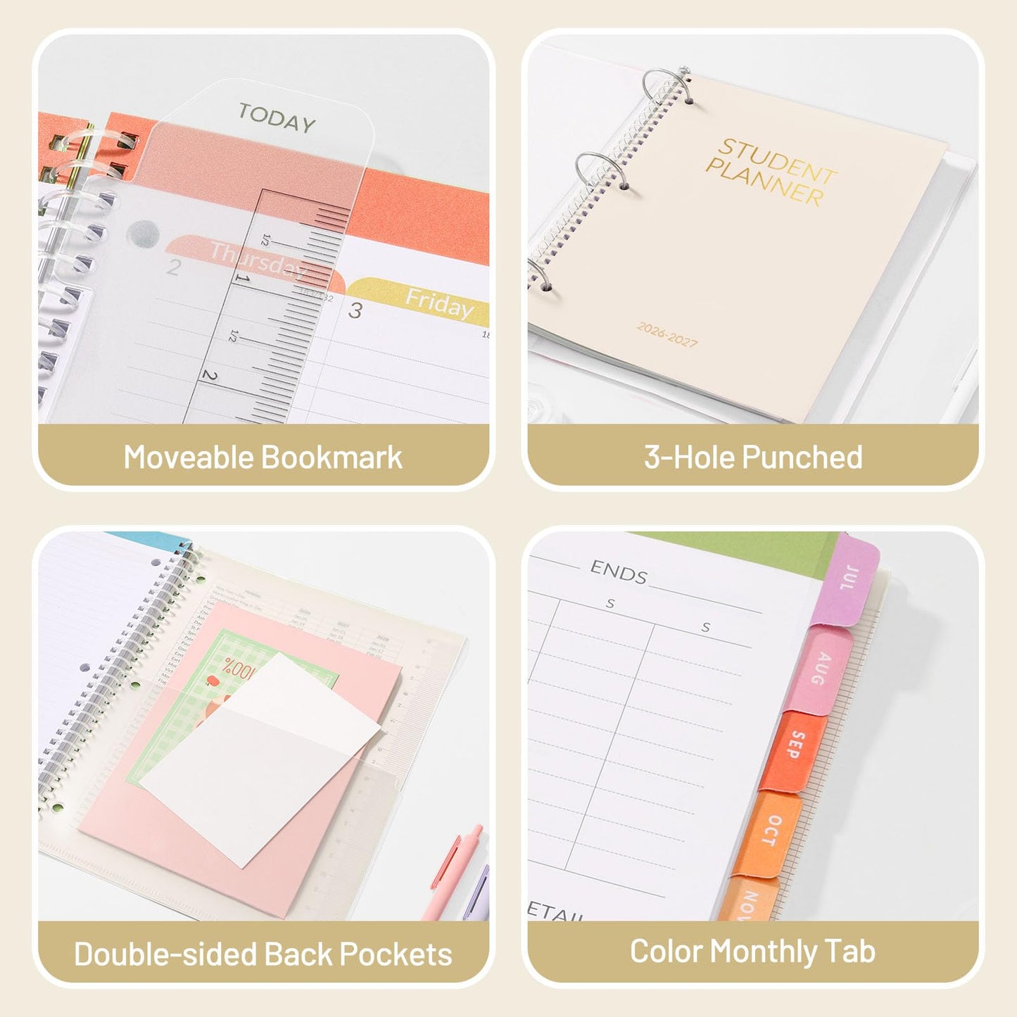 Student Planner 2026-2027, SUNEE Academic Weekly & Monthly Plan Book, Jul. 2026 - Jun. 2027, 8.5"×11" School Planner, Lesson Plan Book with Week's Goals, Bookmark, Monthly Tabs, 3-Hole Punched, Beige