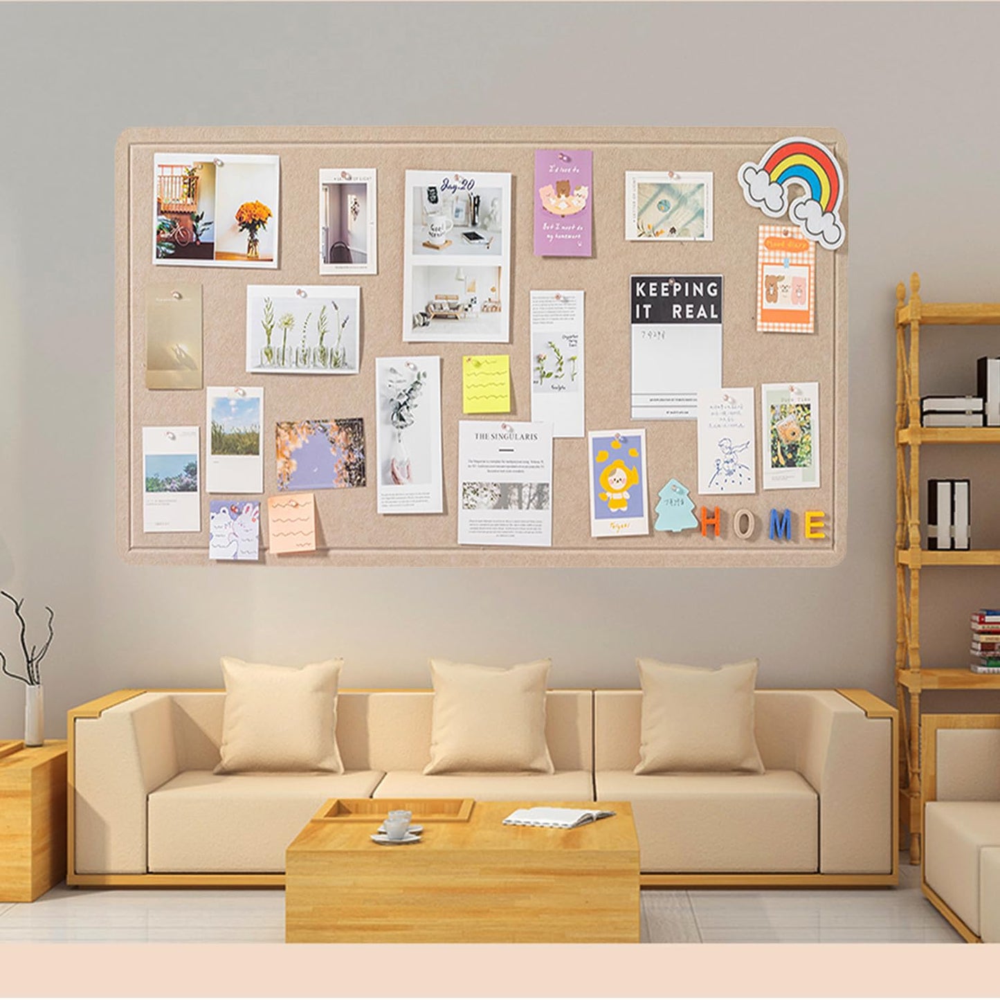 Foldable Large Bulletin Board, 60x36 Inches Cork Board Alternative, Large Felt Board Decorative Pin Board for Wall, Foldable Photo Board Self-Adhesive Vision Board with 36 Pushpins Khaki