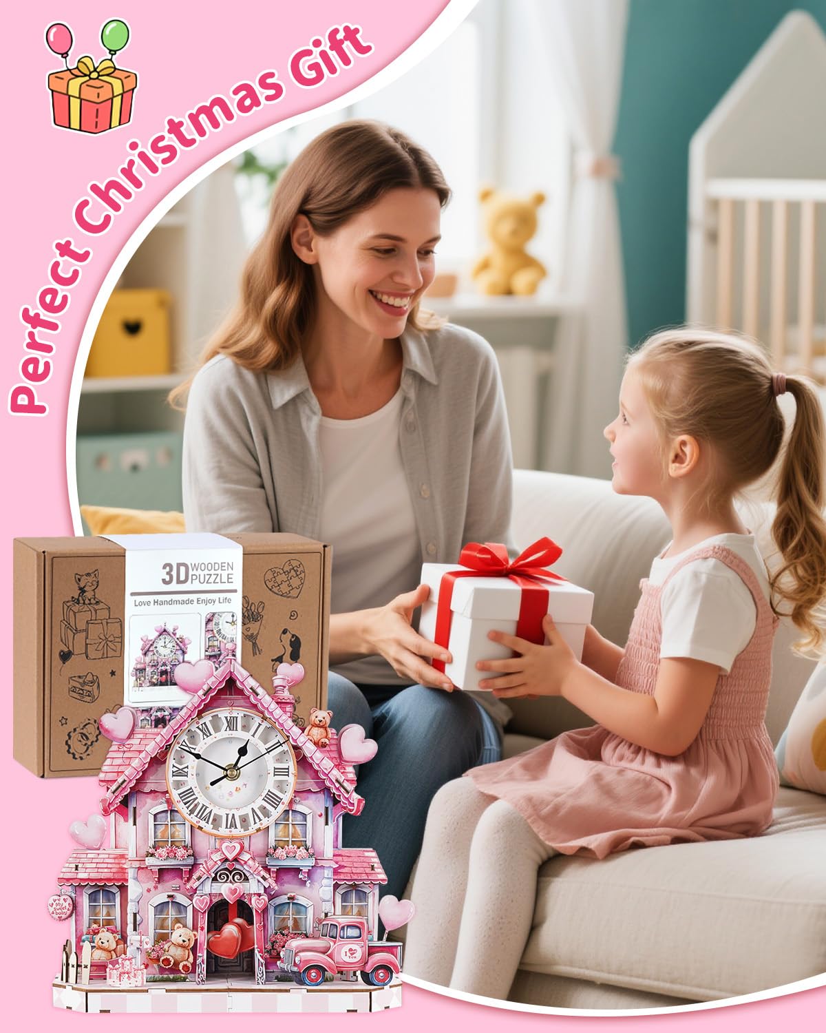 Rnfinewow 3D Wooden Puzzles for Adults, 3D Puzzle Sweetheart House Clock Kit (with Pendulum), 3D Puzzles for Adults Home Decor DIY Clock Puzzle Gifts for Women Men