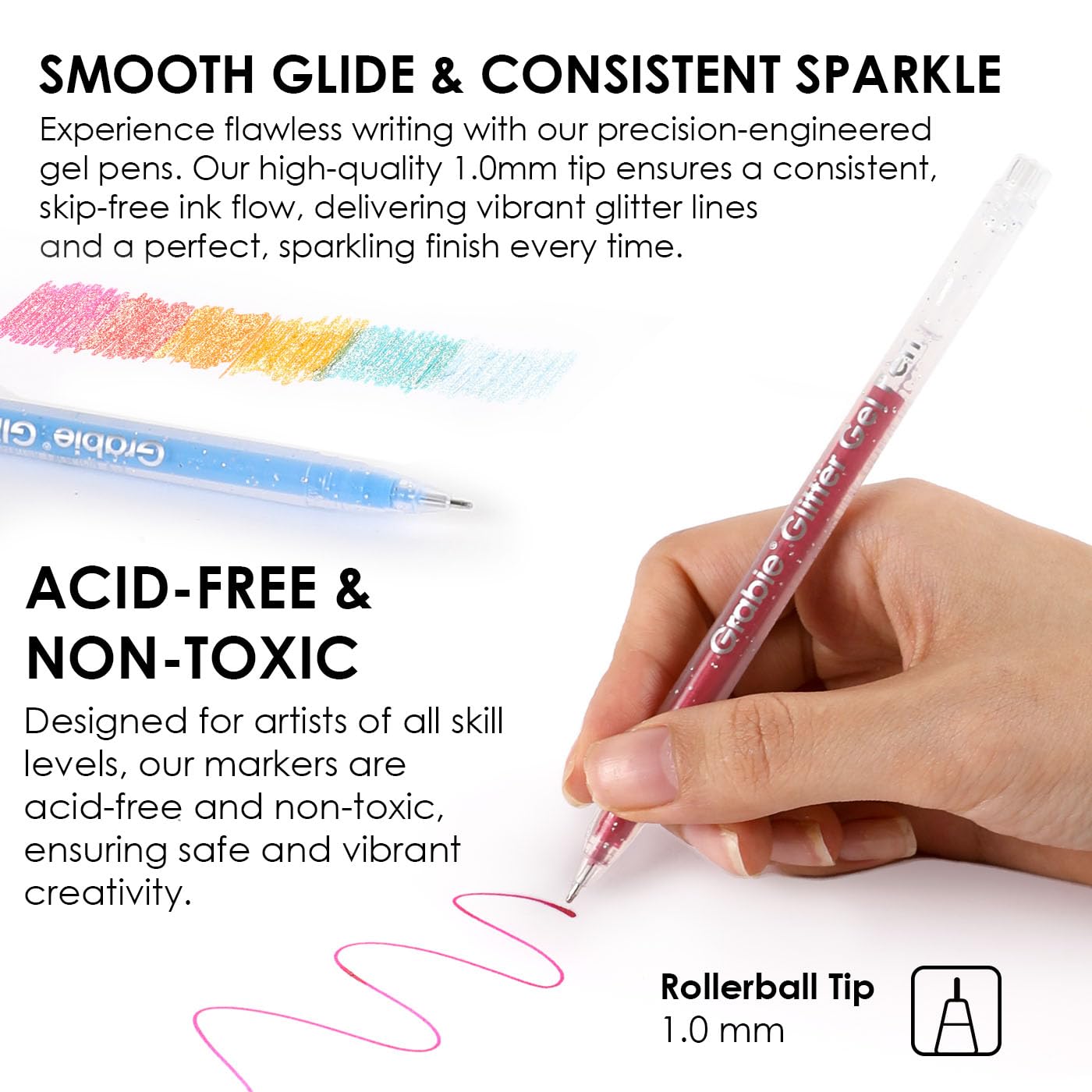 Grabie Set of 42 Glitter Gel Pens Set, Silver Sparkle Ink, 1.0mm Fine Tip Gel Pens for Adult Coloring Books, Journaling, Drawing, Scrapbooking, Smooth Writing Art Supplies