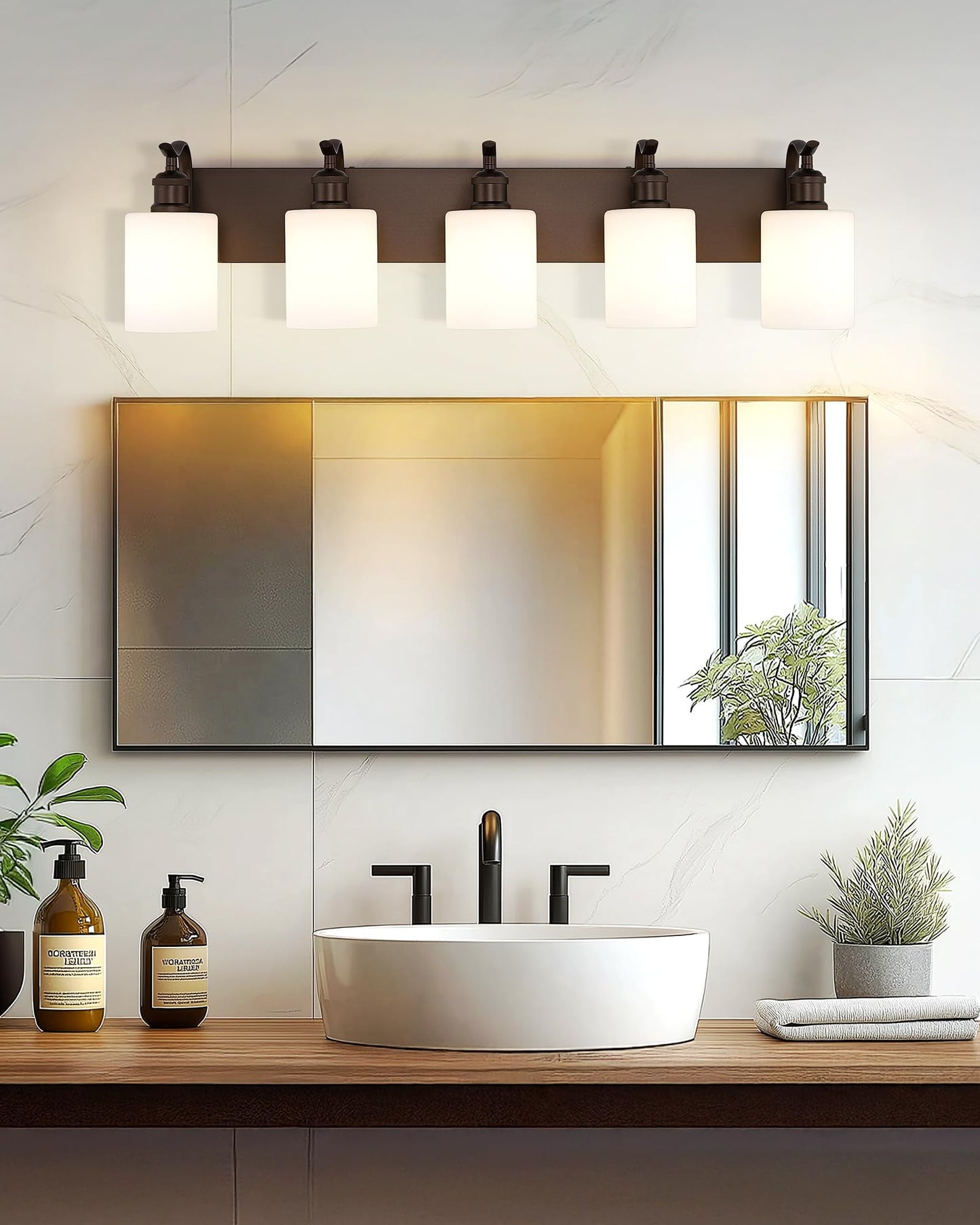 JAZAVA 5 Light Bathroom Vanity Light Oil Rubbed Bronze Metal Wall Sconce with Milky White Frosted Shade Model ZCVL01ORBW-5