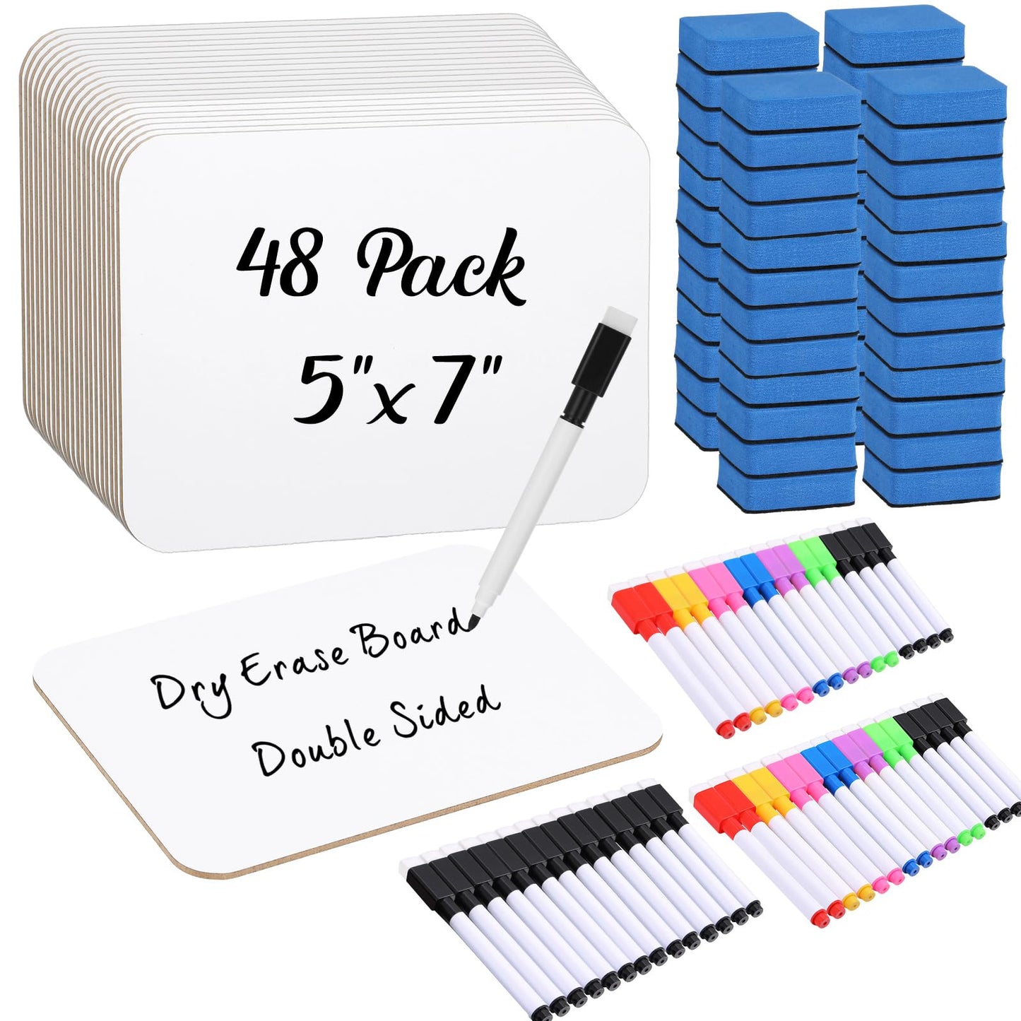 Affrolling 48 Sets Small Whiteboard Dry Erase Boards 5" x7'' Mini Double Sided Dry Erase Lap Boards with Markers Erasers Pen Holders Personal Whiteboards for Students Classroom Teacher