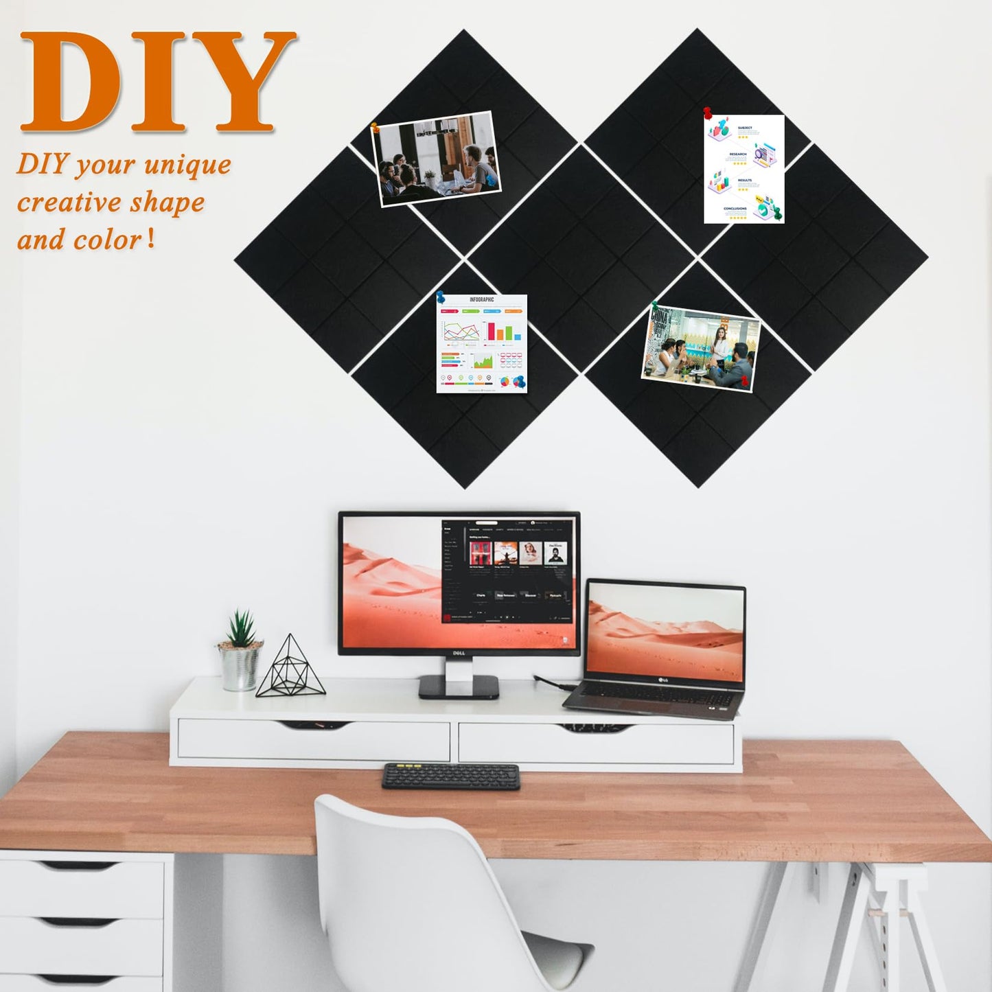 HULAVO Large Square Felt Cork Board Tiles, Self Adhesive DIY Felt Bulletin Board Pin Board with 35 Pushpins for Office School Home Wall Decor Stickers Memos Photos Display (Black)