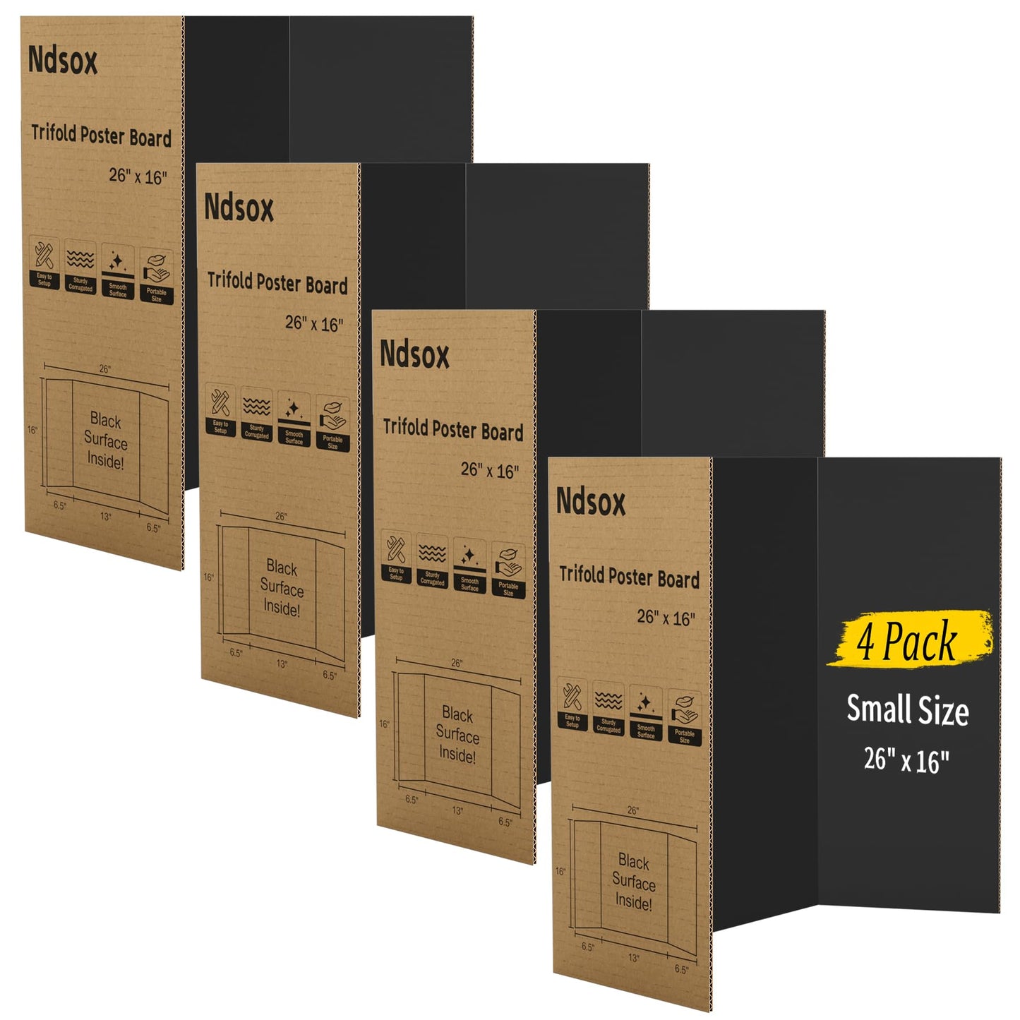 Ndsox 4 Pack 26" x 16" Black Trifold Poster Board Small Size Corrugated Cardboard Science Fair Display Boards for School Projects, Business Presentations, Event Displays, and Art Exhibitions