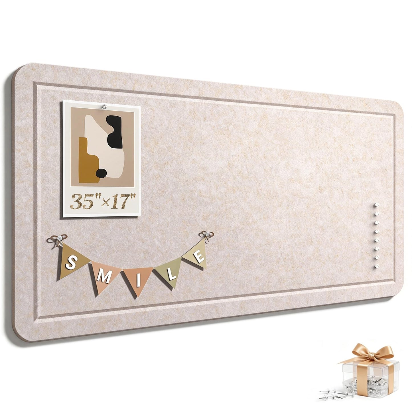 Large Bulletin Board, 35 X 17 Inches Felt Cork Board with 40 Pushpins, Foldable Felt Notice Pin Board Photo Display Board with Self-Adhesive Tape for Office Home School (Oatmeal, 35x17 inch)