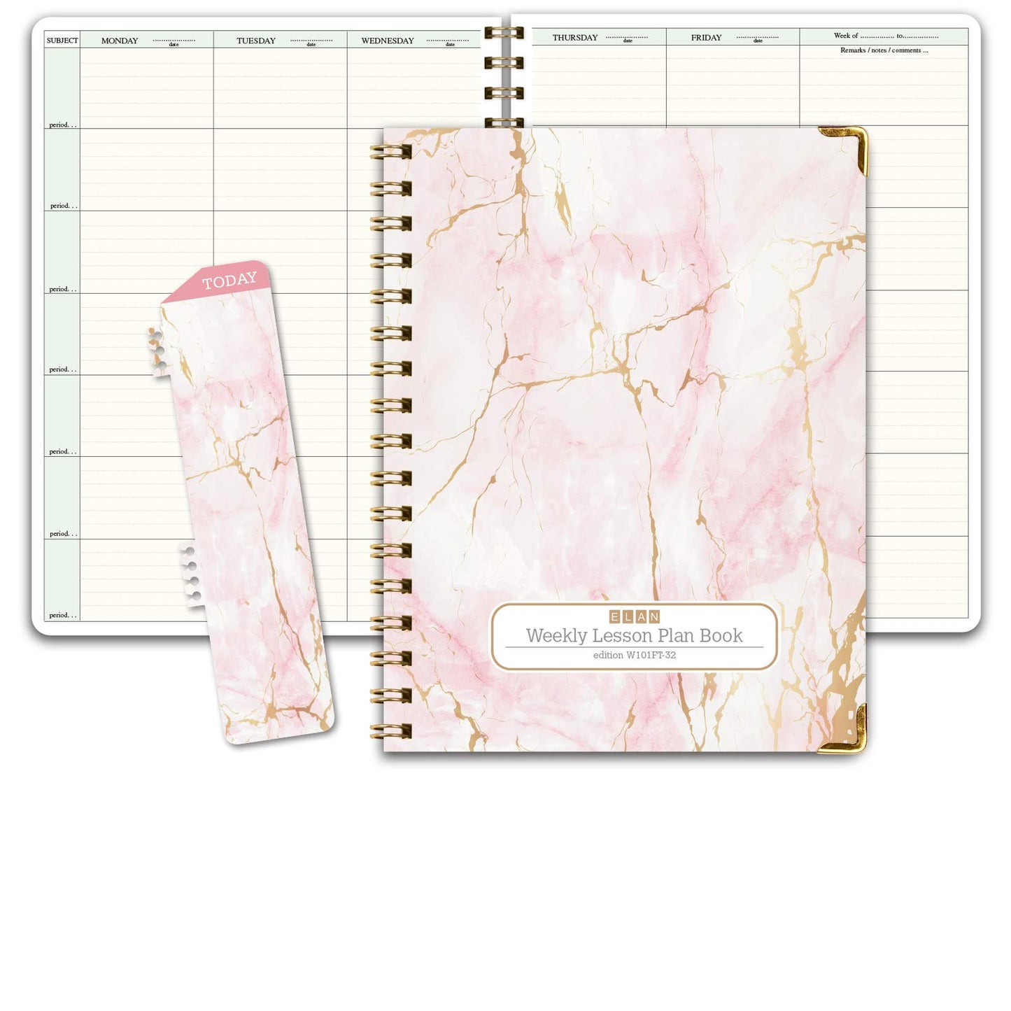 Elan Publishing Company HARDCOVER 7 Period Teacher Lesson Planner - Days Horizontally Across the Top with Bonus Clip-in Bookmark (Pink Marble)