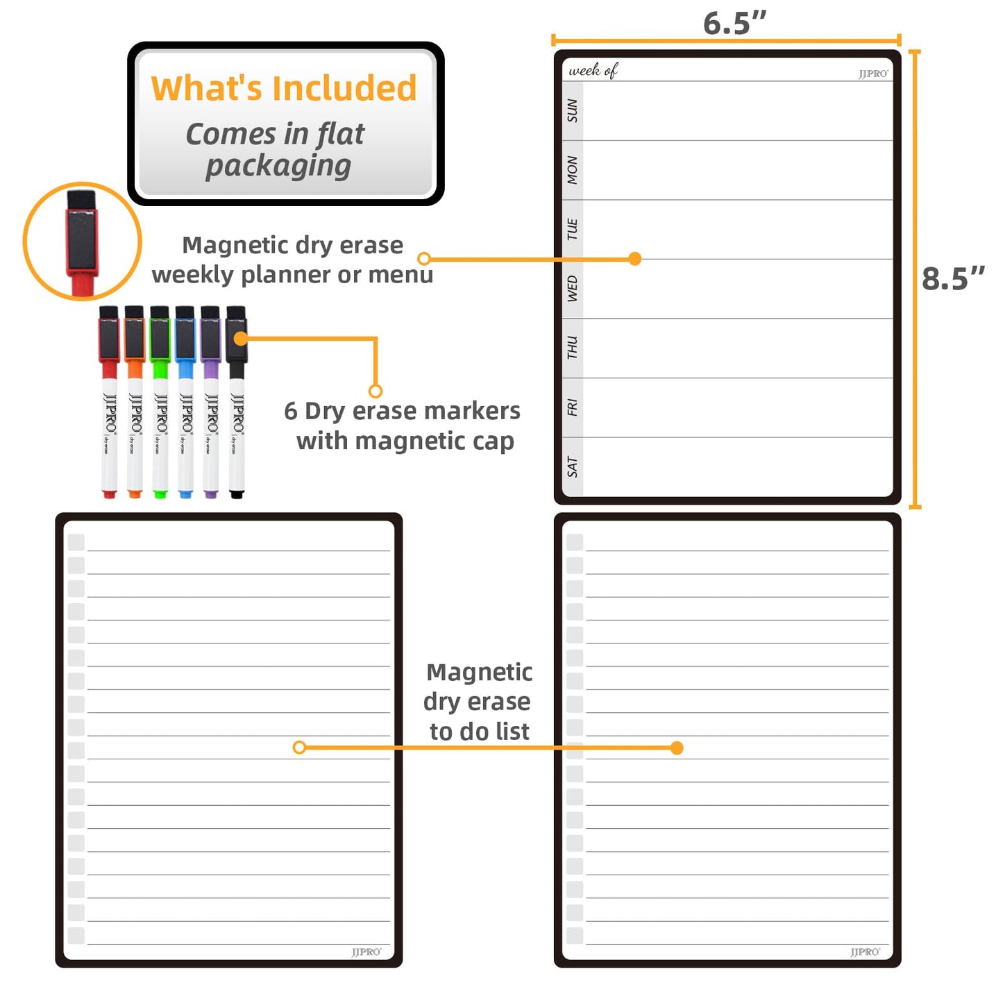 JPRO Magnetic Weekly Calendar and to Do List for Fridge - 8.5" x 6.5" Weekly Meal Planner for Refrigerator and Dry Erase Daily to-Do List -6 Markers Included!