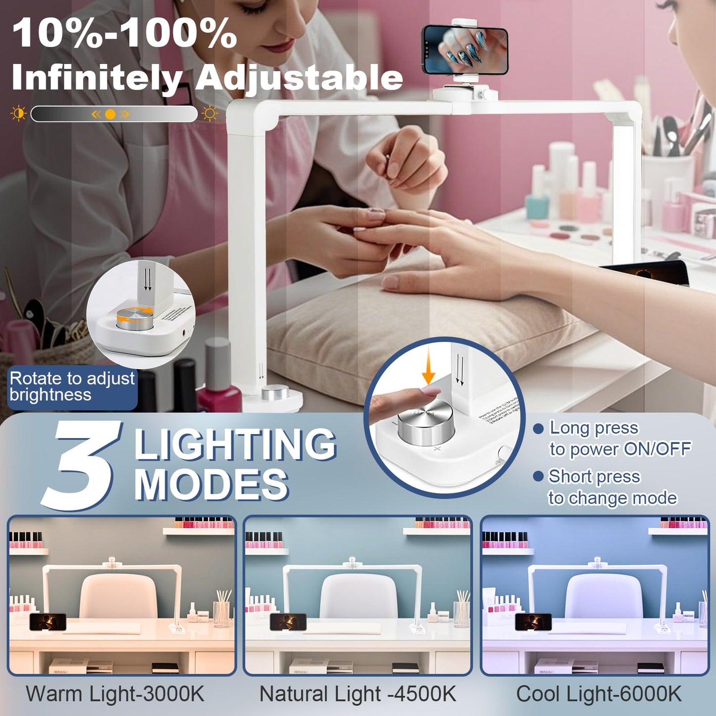 CGBE Nail Table Light - 33.5in Desk Light with Phone Holder, 456 LED, 3 Colors, 10 Brightness Levels, Aluminum, White, Model F800E