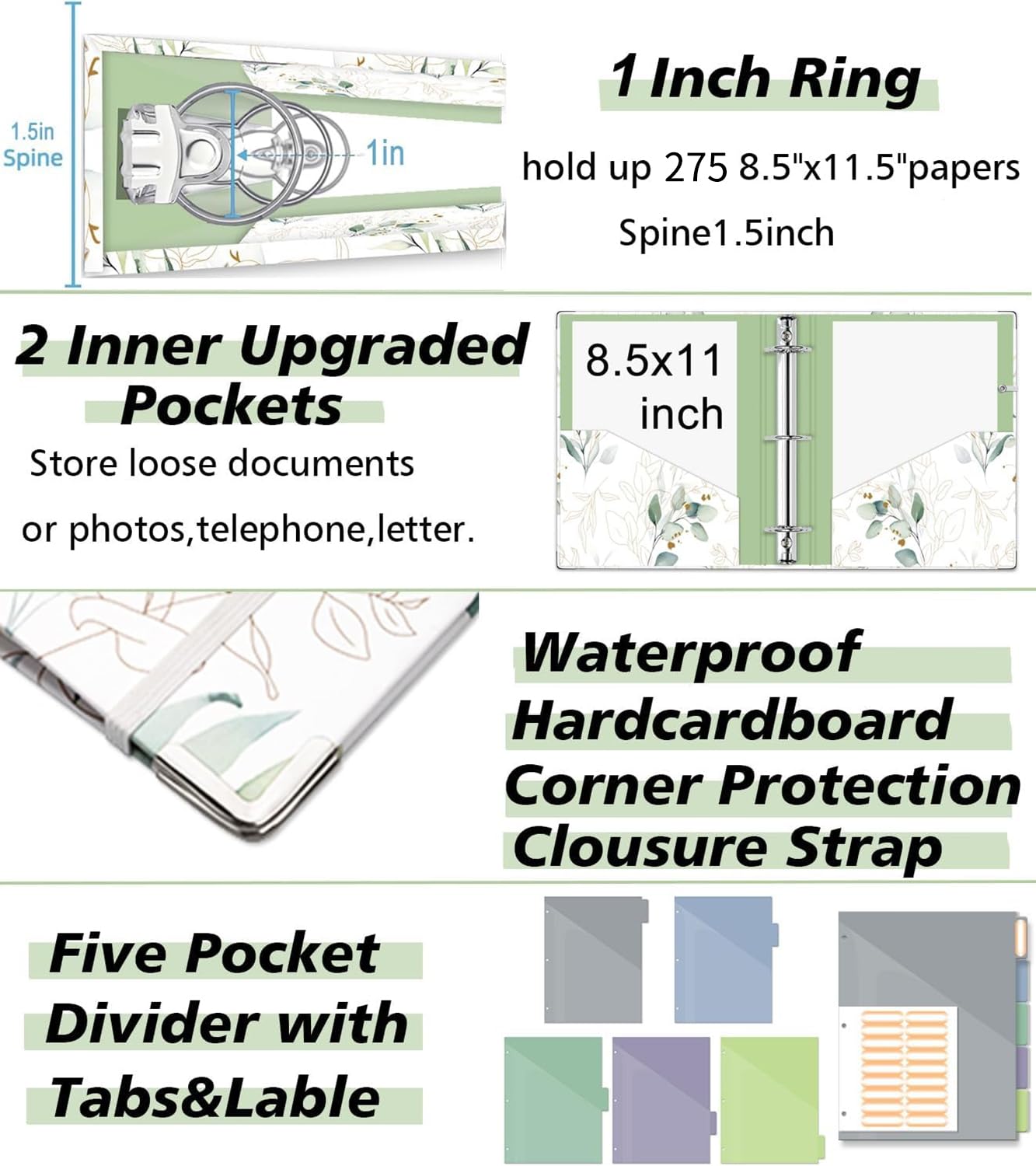 3 Ring 1 Inch Binder Organizer, KLLVE Three Ring Binders with Clipboard, 5 Pocket Divider with tabs, Folder, 18 Divider Stikers, Pen Loop (Leaves, Letter Size)