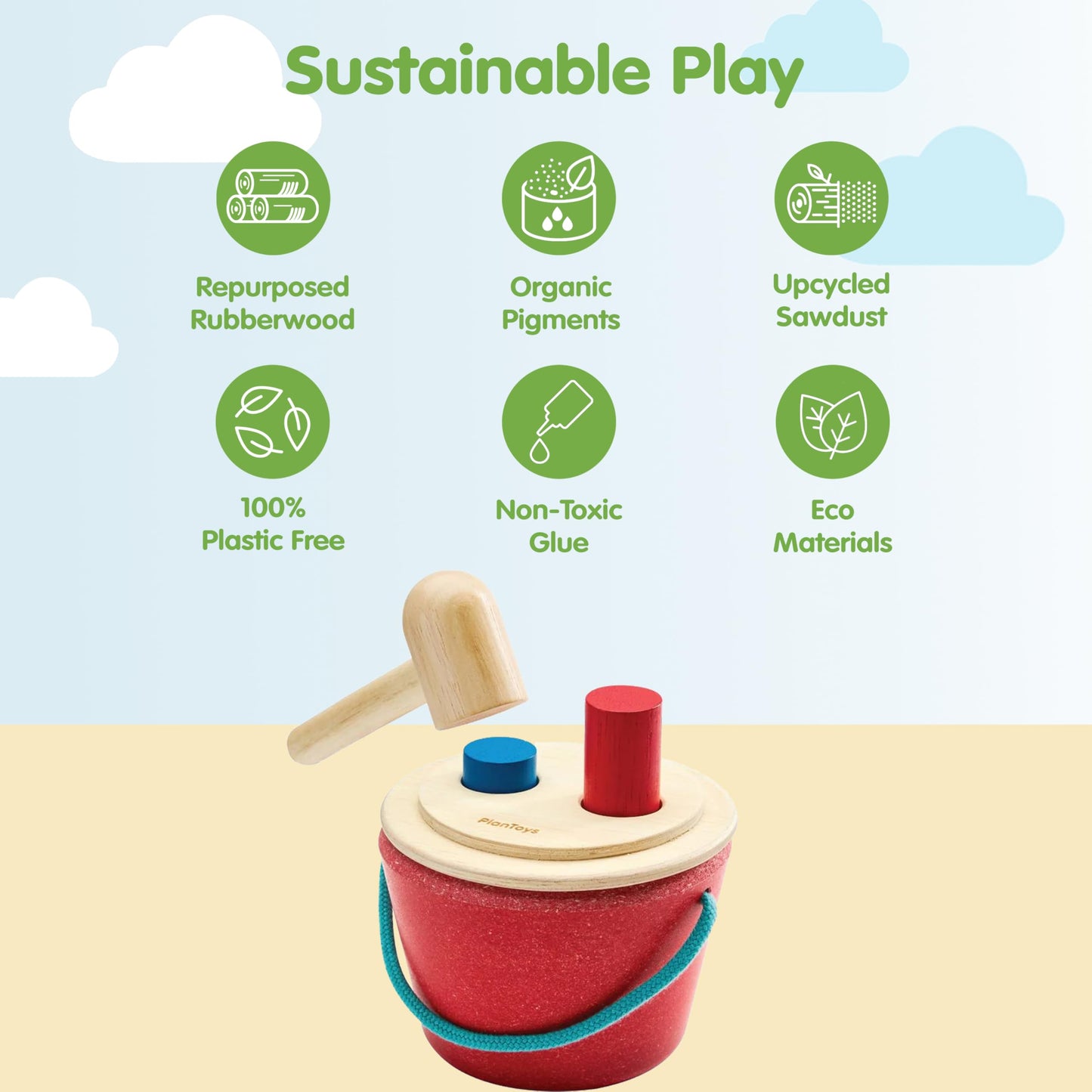 PlanToys® Hammering Peg Bucket | Montessori Wooden Hammering Toy for Toddlers 12M+ | Develops Hand-Eye Coordination, Fine Motor Skills & Problem-Solving | Includes Pegs & Hammer