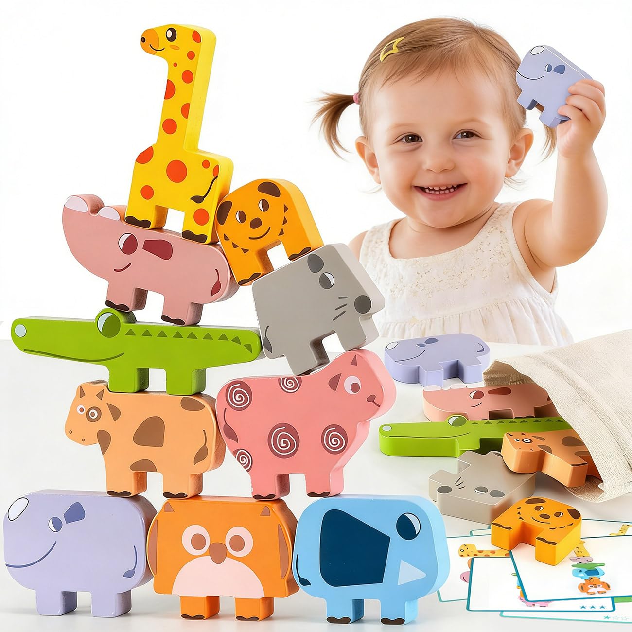 Montessori Toys for 2 3 4 Year Old Girls & Boys, Wooden Animal Stacking Blocks for Toddlers 1-3, Building Blocks Game Stacking Toys Ages 2-4 Toddler Birthday Gifts