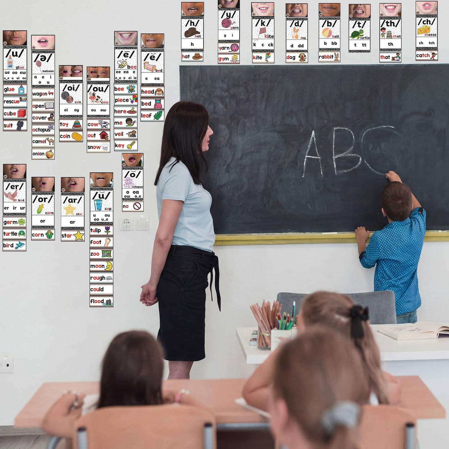 Gersoniel 220 Pcs Sound Wall Classroom Neutral Phonics Kits Science of Reading Posters for Classroom Consonant and Vowel Valley Decor Speech Material,Phonemic Awareness,Esl Teaching Material(Cute)