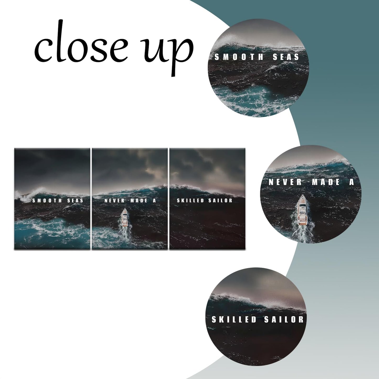 PSYYSP 3 Piece Canvas Wall Art Smooth Seas Never Made a Skilled Sailor Quote, Stormy Ocean Boat Triptych Wall Decor for Bedroom Office, Framed Canvas Prints Set 36x16 Inch