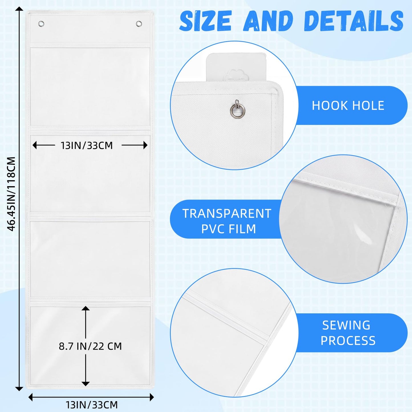 Watersay 2 Pcs Storage Pocket Chart for Classroom 37.4 x 13 in, 4 Pockets Hanging Wall File Organizer for Cards, Drawing, Pictures, Class Demonstrations, Homework, Teacher Office Organization (White)