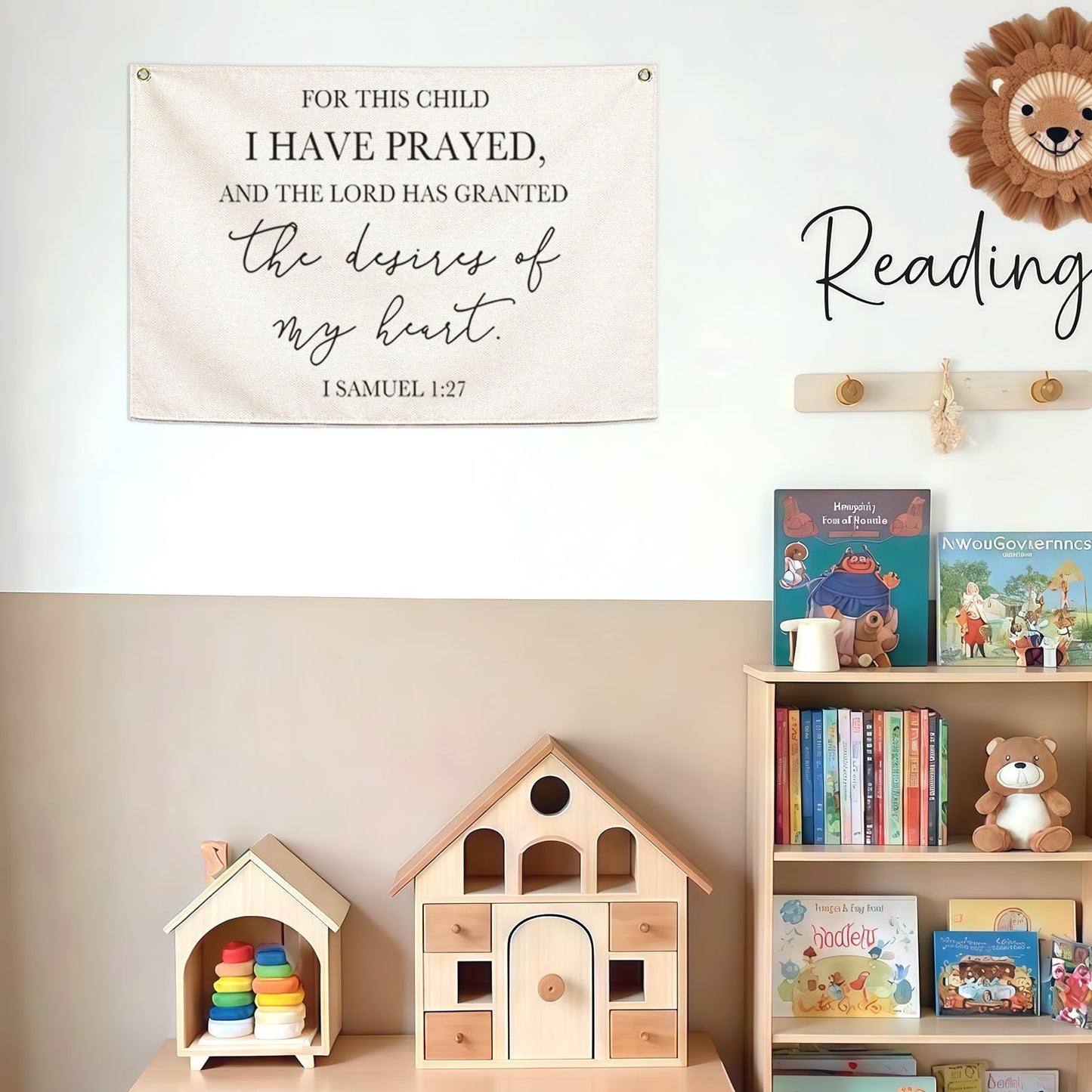 Nursery Wall Decor-Rectangular Canvas Banner Flag Poster Wall Decoration for Baby Kids Girl Boy,Nursery Bedroom Playroom Babyroom Decor-Baby Shower Christmas Gift-This Child I Have Prayed-28.5"L×20"W