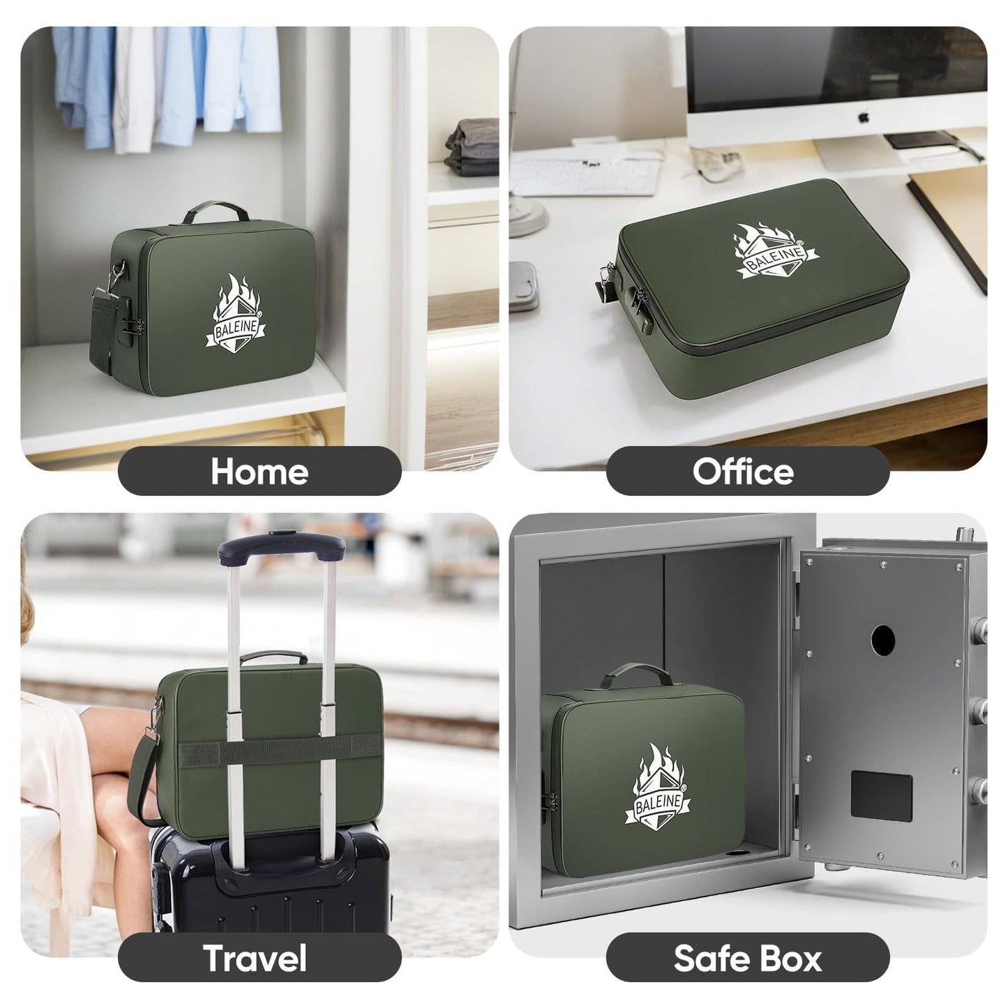 BALEINE Fireproof Document Box with Lock, Portable Fireproof Document Bag Waterproof Fire Proof File Boxes for Documents, File Organizer Box for Important Paperwork (Green, 15''x11''x4'')
