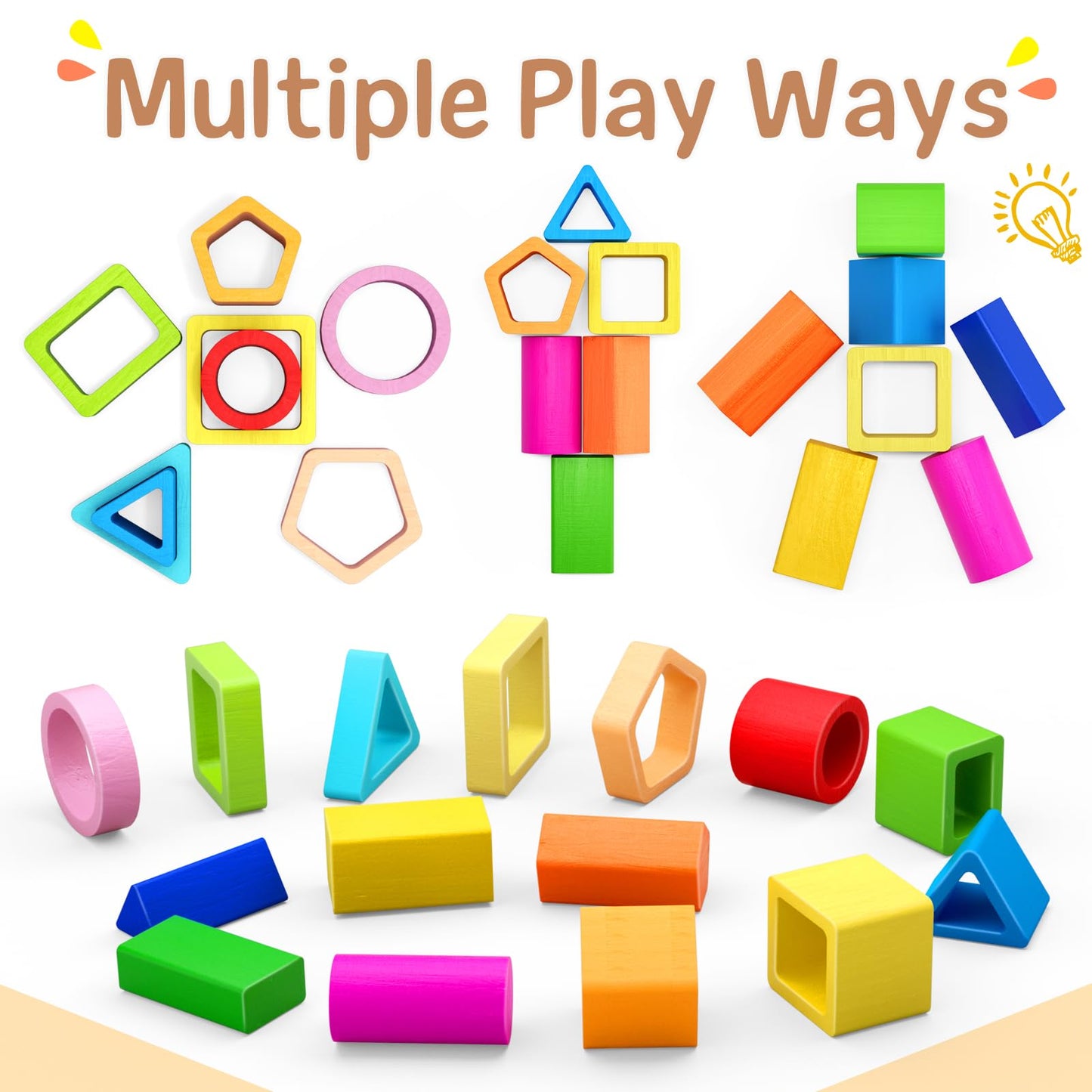 PEBIRA Montessori Toys for 1 2 3 Year Old Boys Girls Toddlers, Heightened Peg-Free Wooden Stacking Toys, Shape Sorter Learning Toy, Birthday Gift for Baby Kid Age 1-4 Preschool Toy, Various Game Play