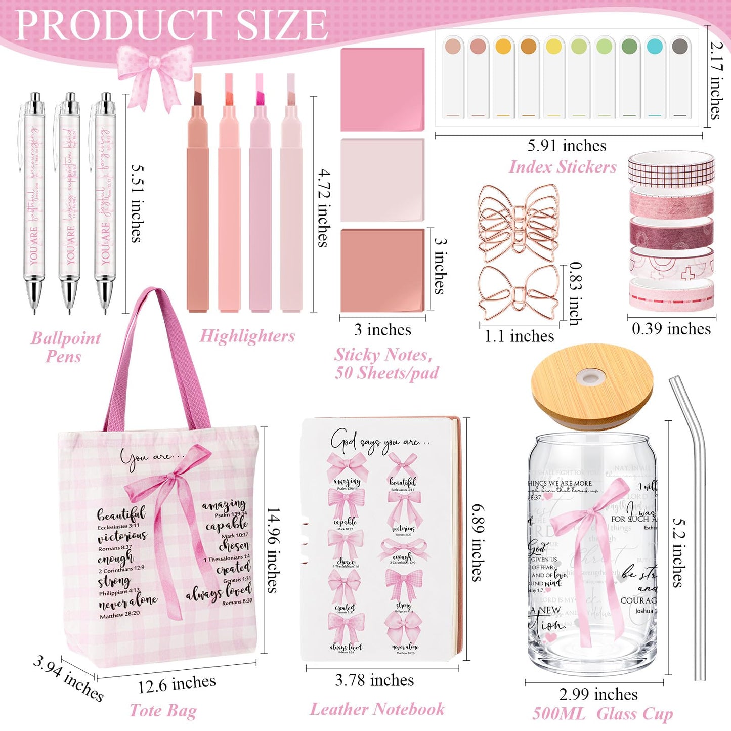 Singhoow 29 Pcs Bible Journaling Supplies Kit 16 oz Glass Cup Pink Bag Pink Bows Leather Notebook Highlighters Pens Sticky Note Tapes Bible Study Supplies for Women Sunday School Teacher