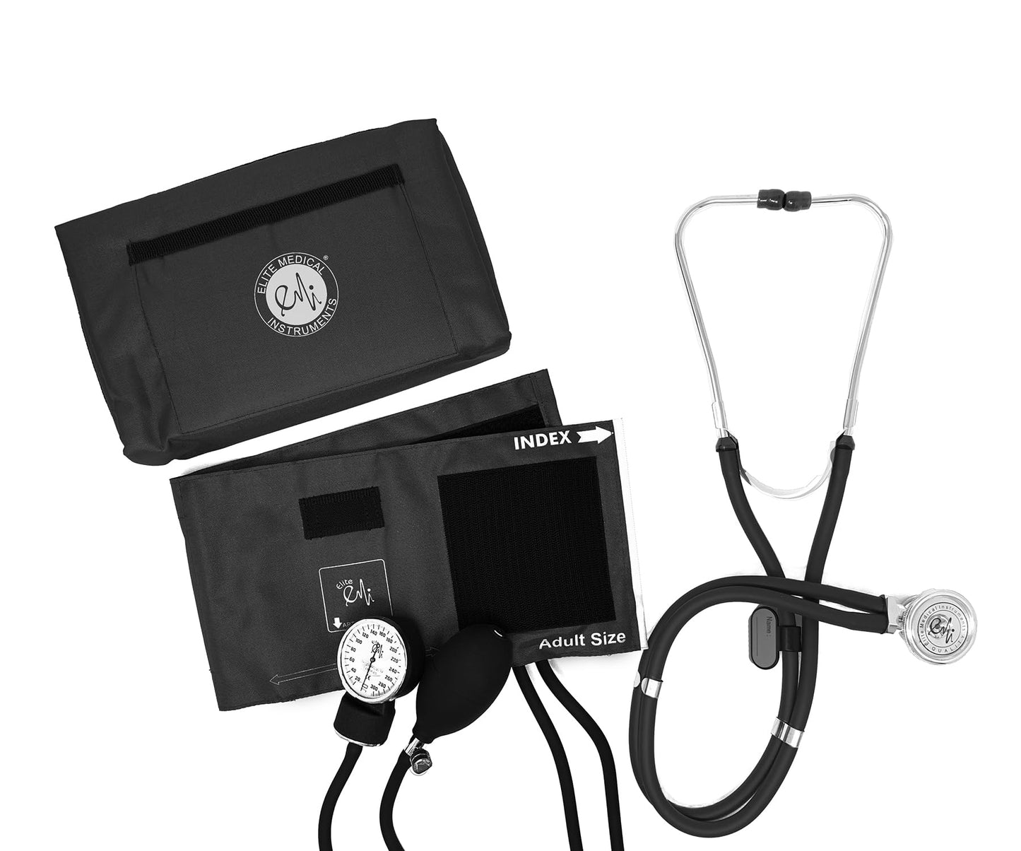 Elite Medical Instruments EBE-330-Black EMI Sprague Rappaport Stethoscope and Aneroid Sphygmomanometer Blood Pressure Set Kit, Black
