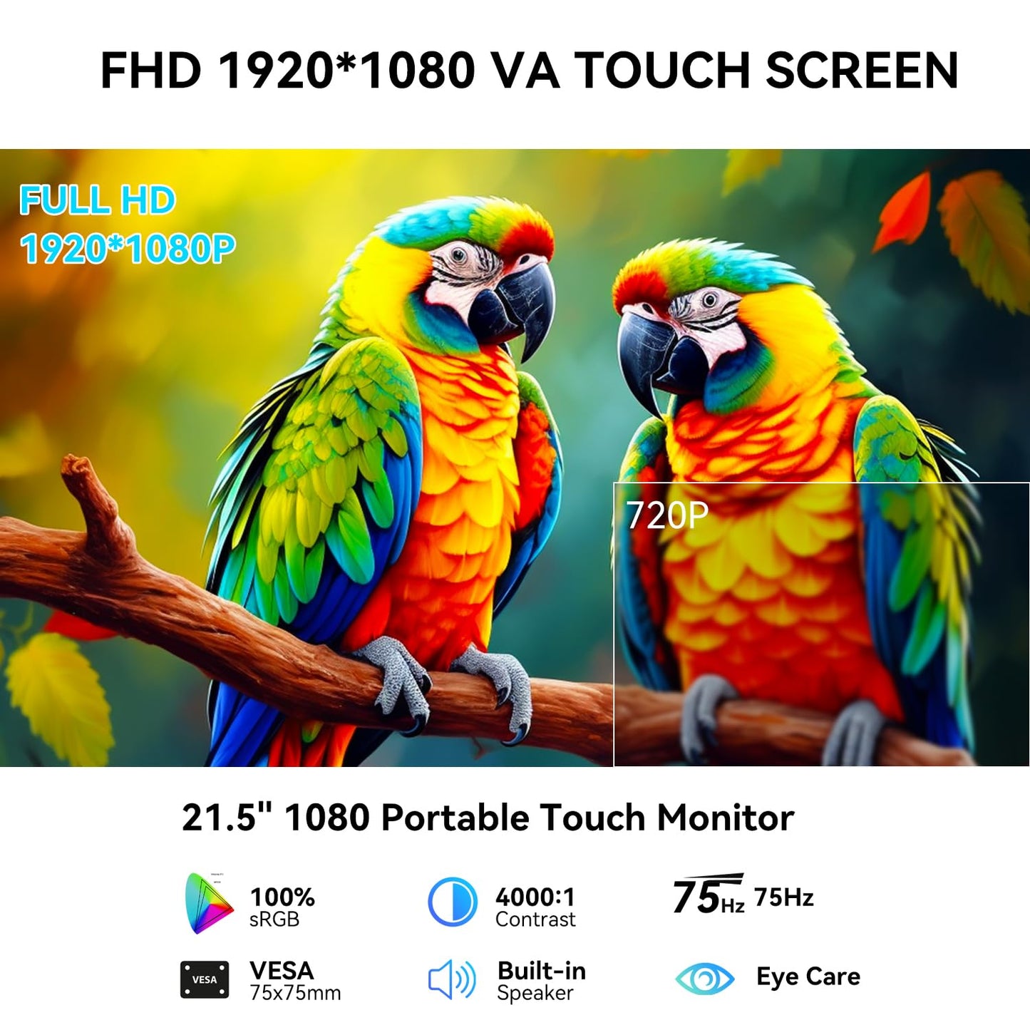 Prechen 21.5 Inch Portable Touchscreen Monitor, 1080P Computer Touch Screen w/VESA Stand Touch PC Display, 75Hz, Multi-Touch Monitor, DC HDMI & USBC for Phones PC Phone Business,Black