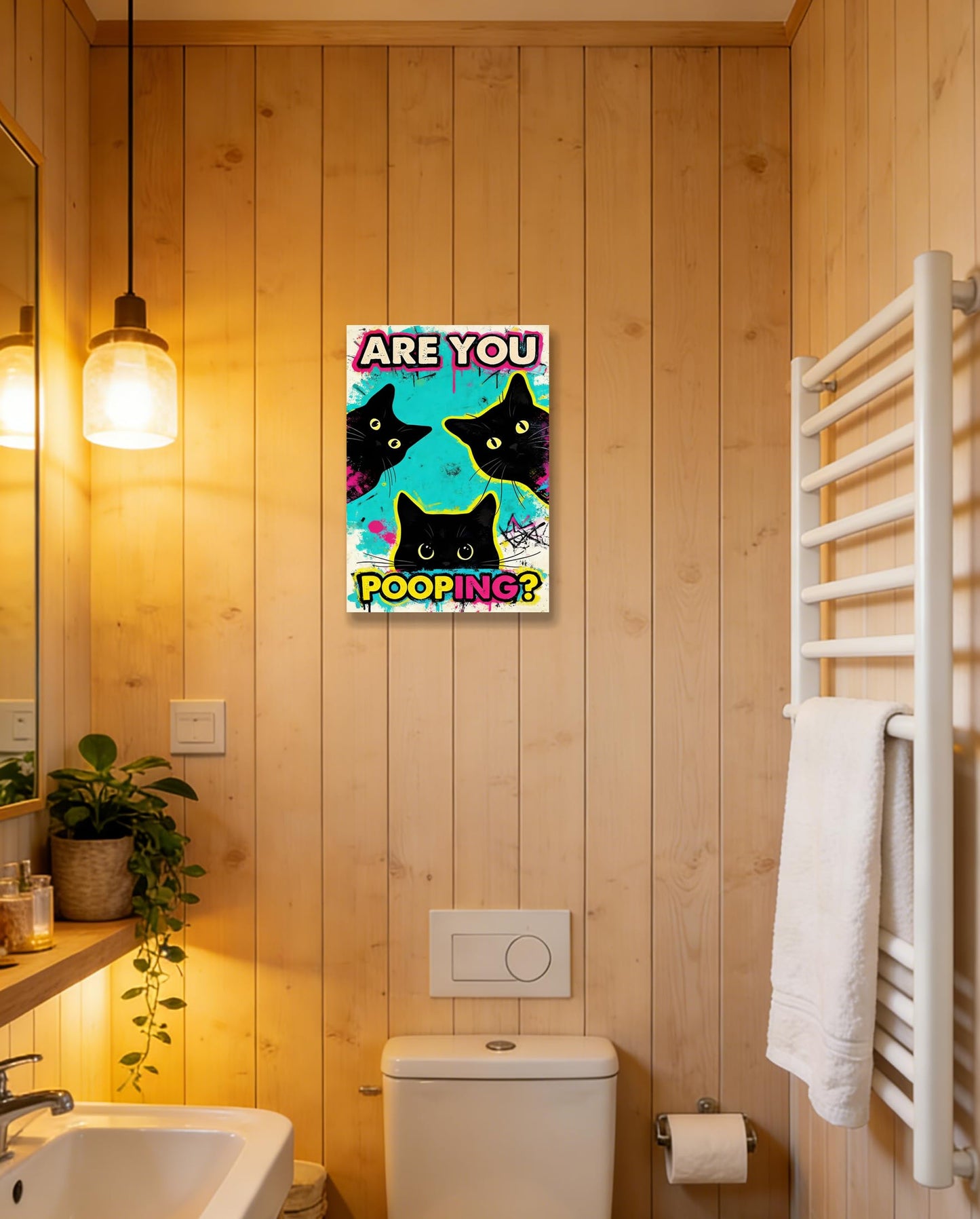 DUFIPOR Funny Black Cat Bathroom Wall Art, Are You Pooping? Graffiti Pop Art Canvas Prints, 12x16 Inch Humorous Bathroom Decor for Washroom Restroom, Trendy Cat Lover Gifts for Bathroom Wall Decor