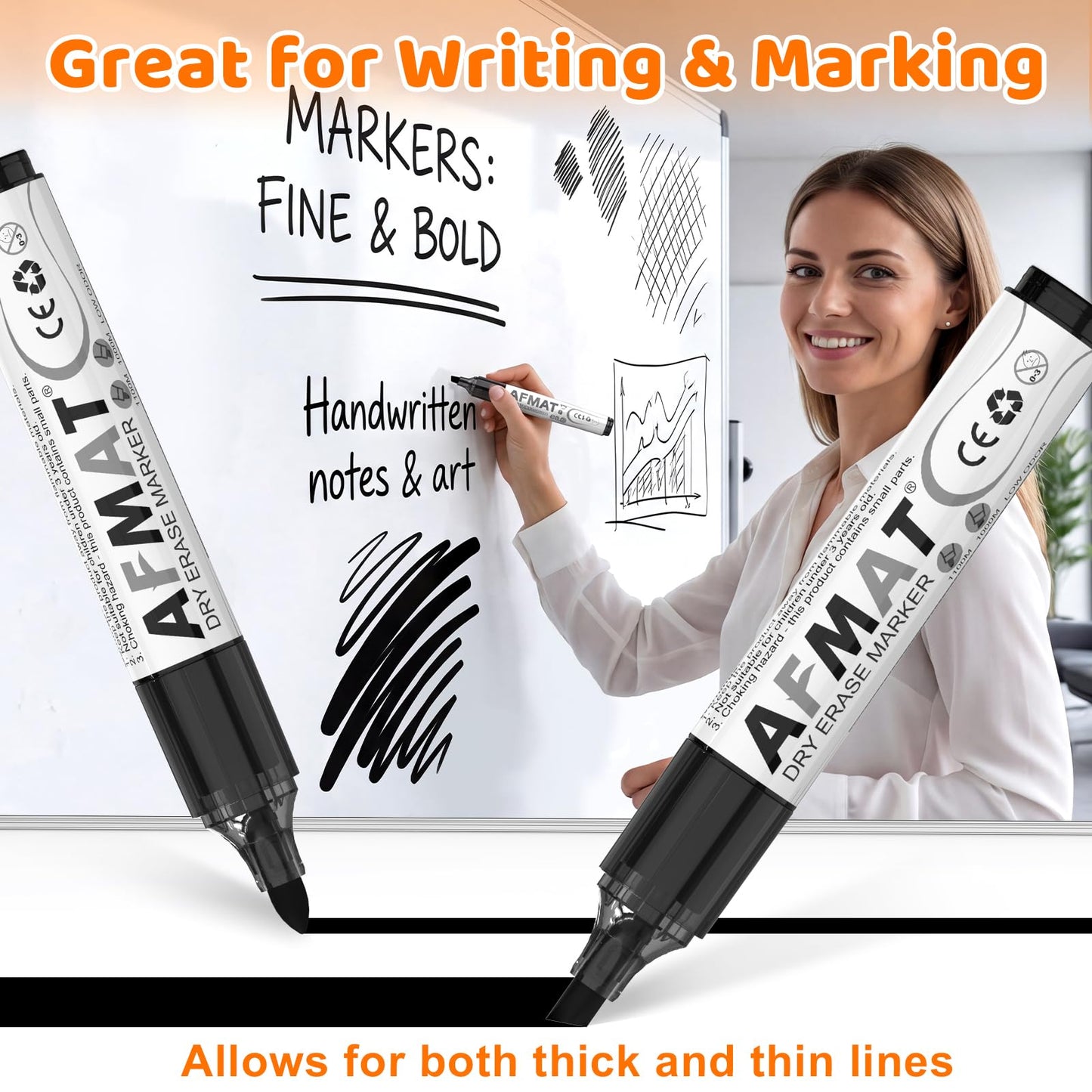 AFMAT Dry Erase Markers, 12-Count Whiteboard Markers, 1,100 Meters Writing Distance, Low Odor White Board Markers for Teacher Office Classroom (6 Bullet Tip + 6 Chisel Tip)