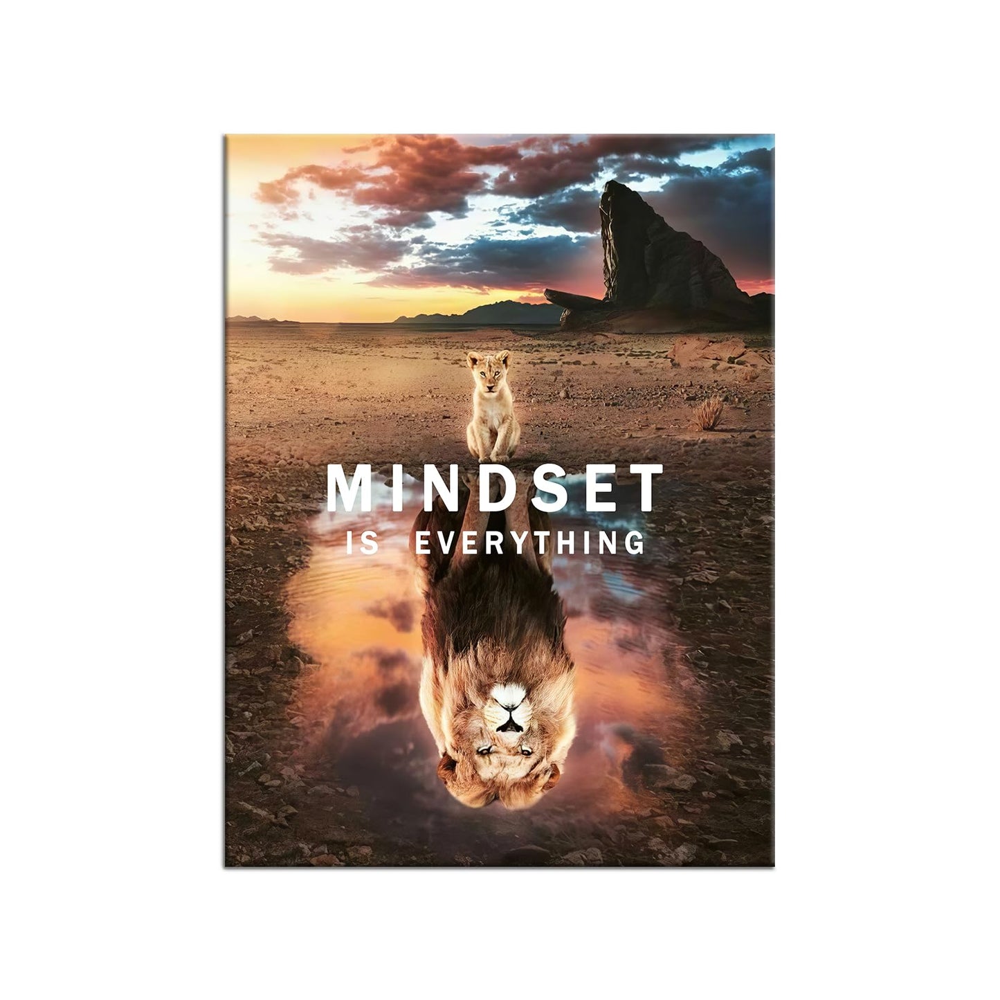 Motivational Canvas Wall Art Inspirational Poster Prints Mindset is Everything Small Cat Big Lions Picture Cute Animal Painting Framed Artwork for Home Office Decor Ready to Hang [30''W x 40''H]