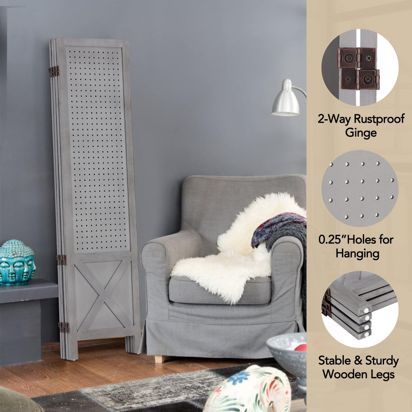 Wnutrees 4 Panel Pegboard Display, 5 Ft Wood Folding Privacy Screens Room Divider, Portable Freestanding Display Board for Craft/Art Shows, Retail, Events, Wall Organizer, Rustic Barnwood, Grey