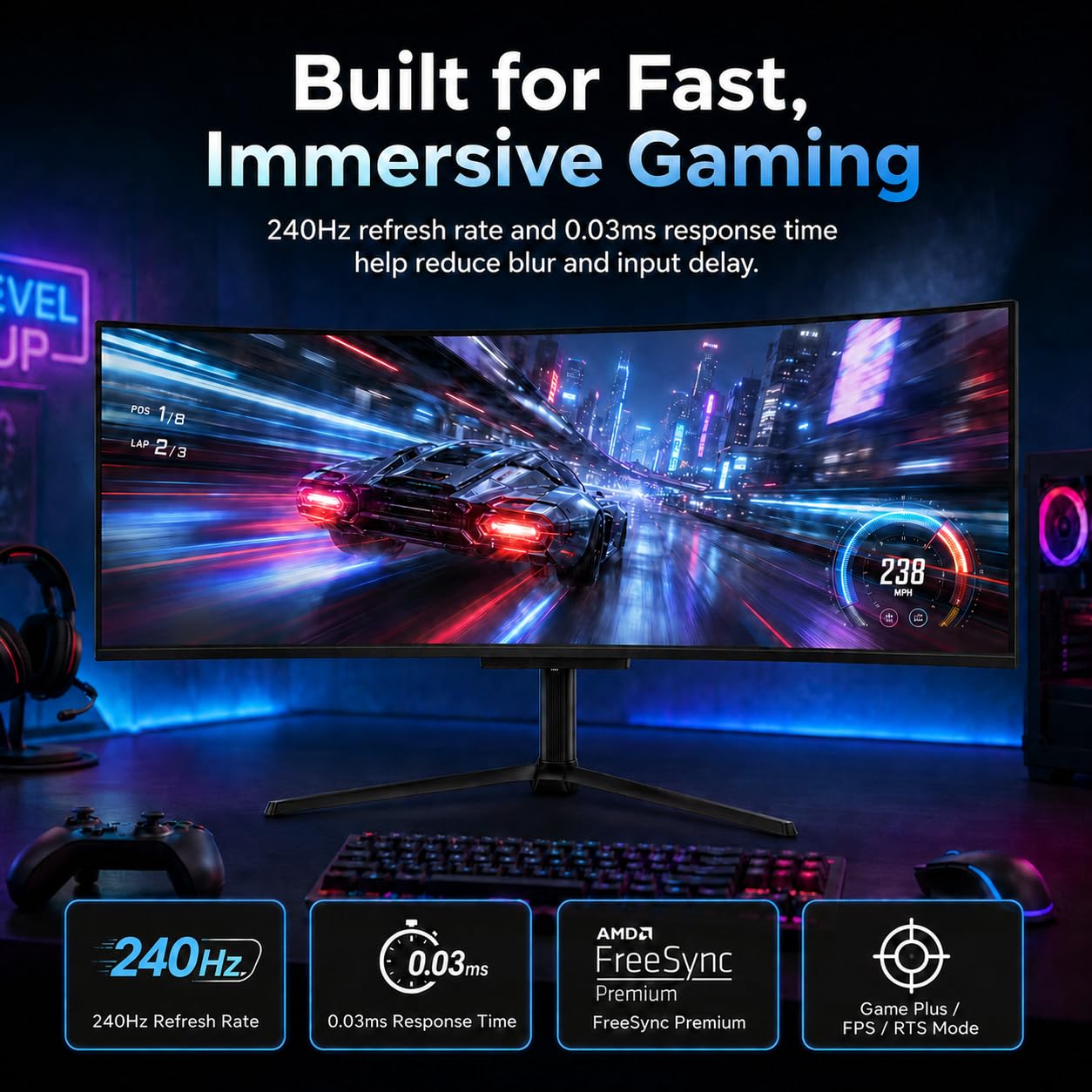 Deco Gear 49" QD-OLED 240Hz Curved Ultrawide Gaming Monitor - 5120×1440 DQHD, 32:9 Dual-QHD Display, 0.03 ms Response, HDR400 True Black, 90W USB-C, KVM, Adaptive Sync, RGB Lighting