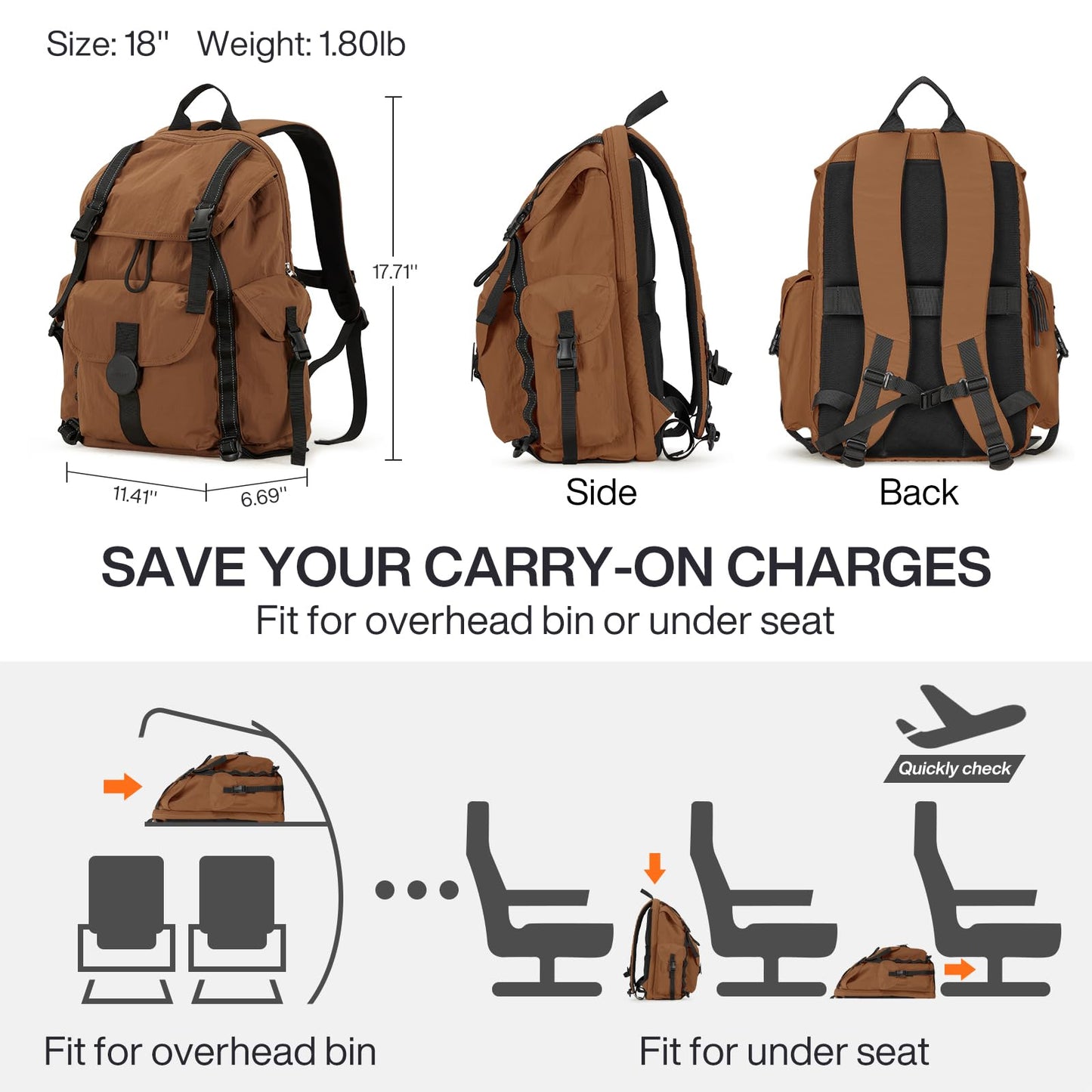 mixi Travel Backpack for Women Men, 18 Inch Carry On Laptop Backpack Flight Approved fits 16'' Laptop, Lightweight Waterproof Hiking Backpack Travel Outdoor Business Casual Daypack, Brown