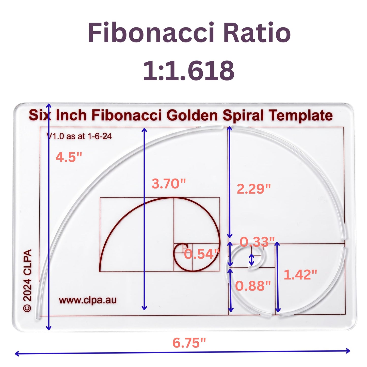 6" Fibonacci Spiral Stencil Template — Golden Ratio Tool for Drawing — Fibonacci Template — Geometric Stencil for Art, Drafting and Quilting — Clear PETG — Made in Australia