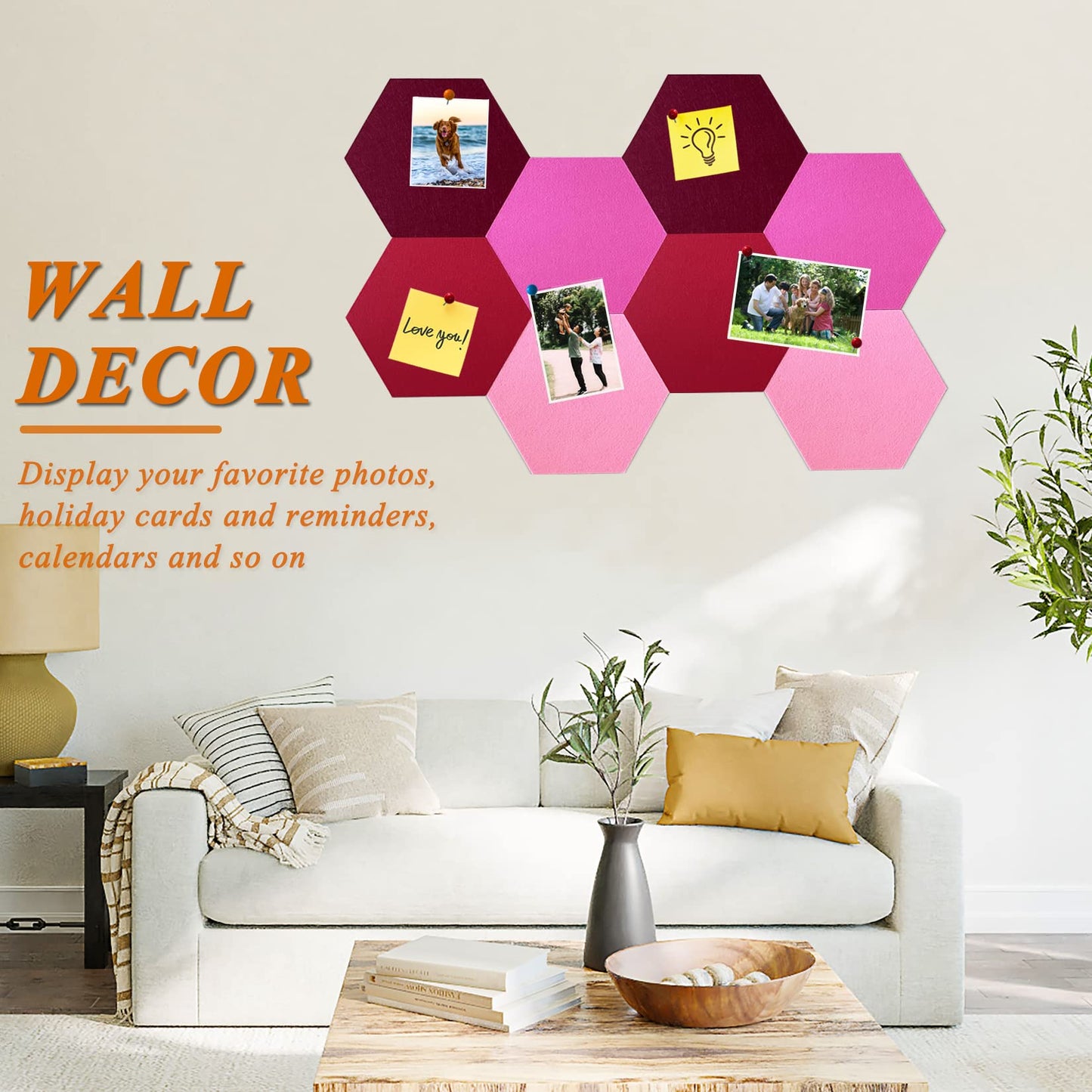 HULAVO 8Pcs Hexagon Felt Cork Board Tiles, Self Adhesive DIY Bulletin Board Pin Board for Office School Home Wall Decor Stickers Memos Photos Display (Gradual Red)