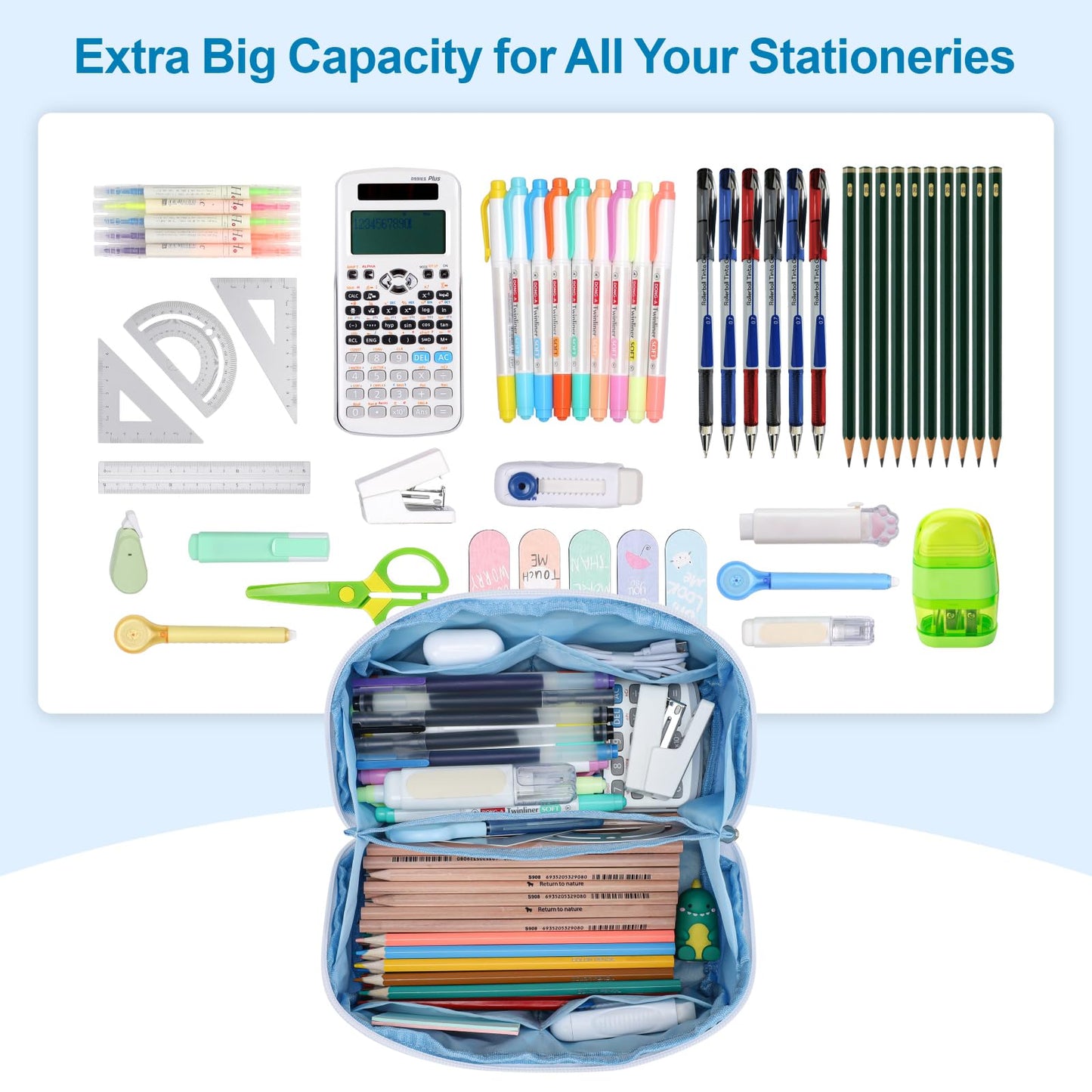 BrainyBees Large Capacity Pencil Case - Pencil Pouch for Teen Girls & Boys, Aesthetic Pouch Organizer with 8 Compartments, Wide Opening Marker Bag for Middle High School College, Fits Calculator, Blue
