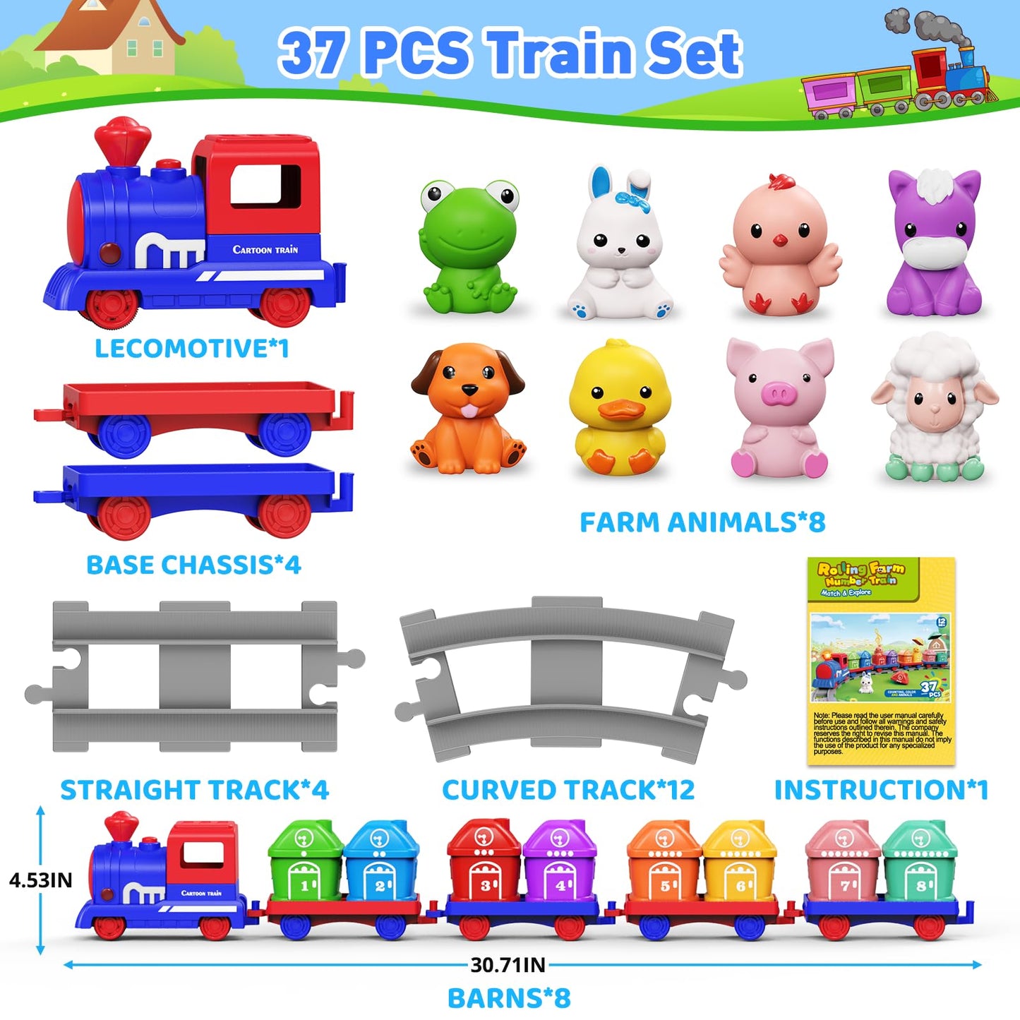Cmiolacuna Train Set for Toddlers 2-4, Electric Toddler Train Set with Farm Animals, Music & Lights, Montessori Counting & Sorting Learning Toy, Birthday Easter for Boys Girls (Blue)