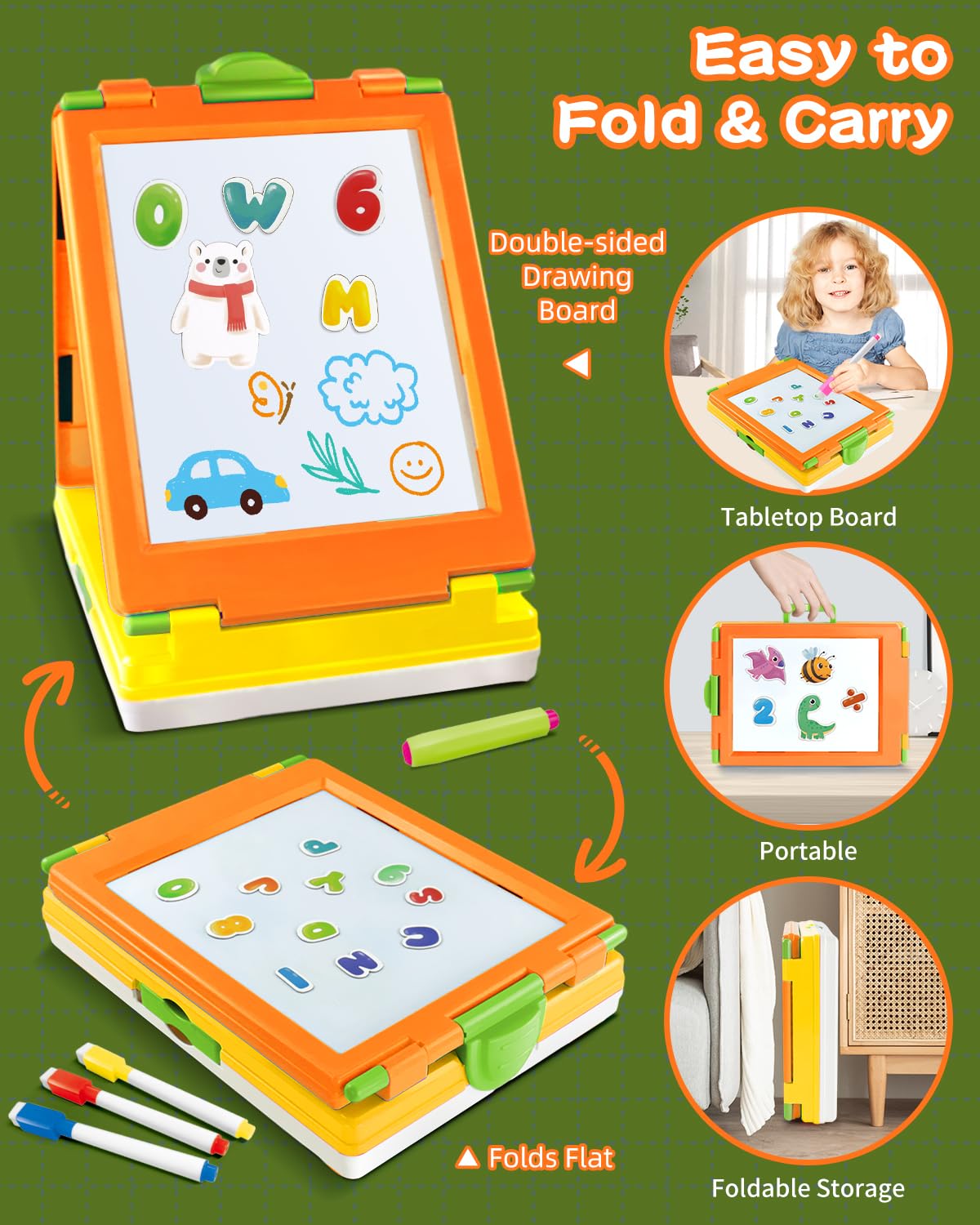 Elovien Easel for Kids, 4 in 1 Double Sided Toddler Art Easel with Chalkboard & Magnetic Whiteboard, Foldable Tabletop Easel with Drawing & Writing Accessories - Educational Gift for Boy Girl (Orange)