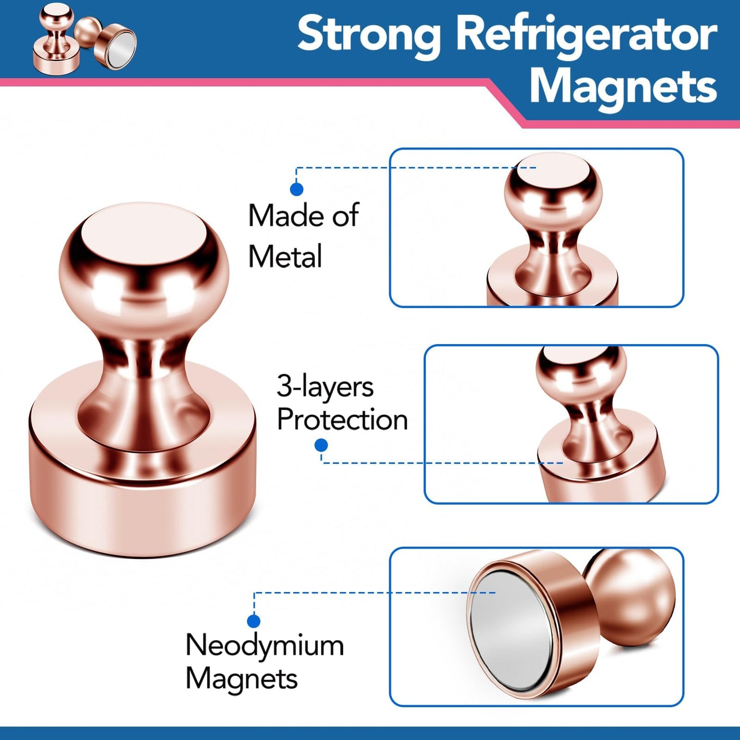 LOVIMAG Fridge Magnets 20Pcs Refrigerator Whiteboard Small Strong Magnet Classroom Kitchen Accessories Decorative Locker Set Decor Must Haves Office Calendar Refrigerador Magnetic Cute Rose Gold
