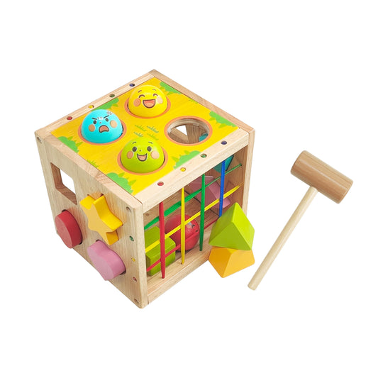 GalaJoyWud Wooden Activity Cube for Baby,Shape Sorters for Toddlers 1-3, Developmental Toy with Bead Maze, Hammer Pounding & Sensory Blocks, Gift for Boys and Girls