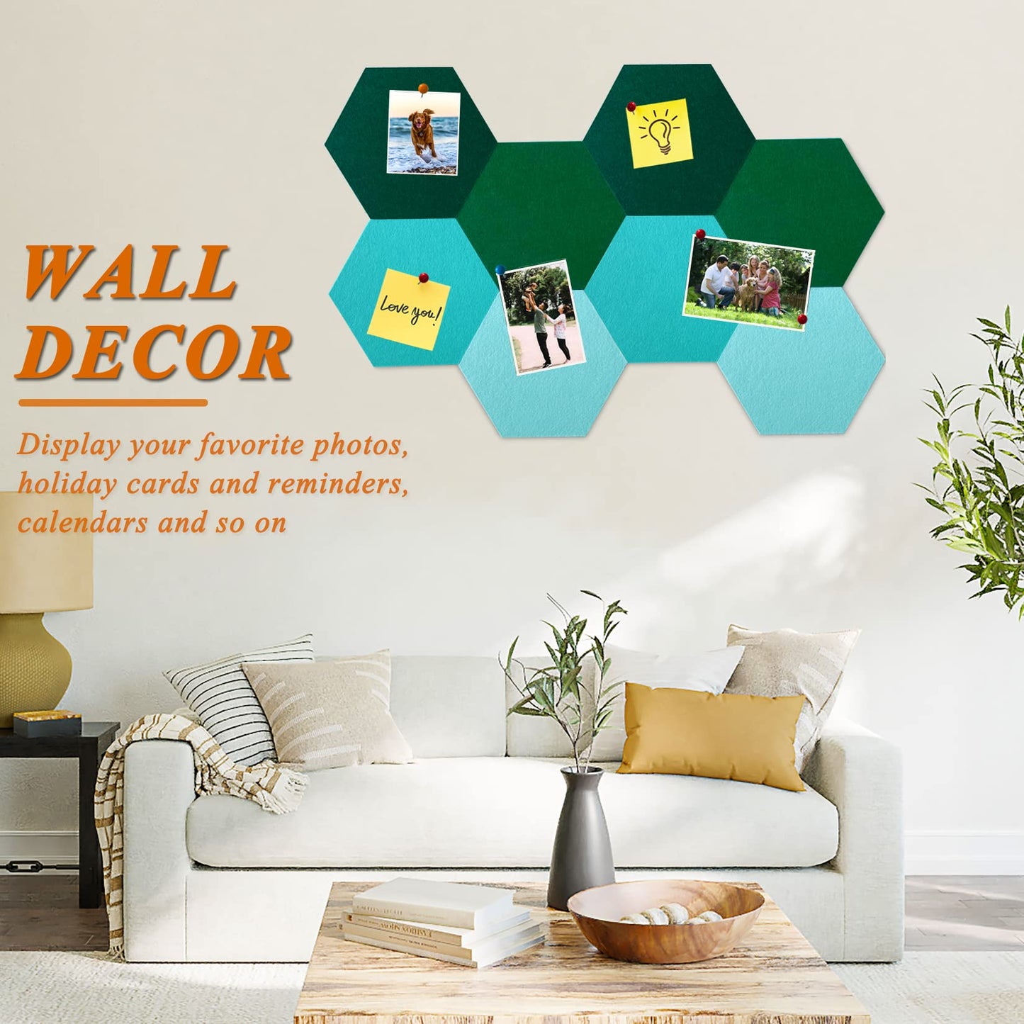 HULAVO 8Pcs Hexagon Felt Cork Board Tiles, Self Adhesive DIY Bulletin Board Pin Board for Office School Home Wall Decor Stickers Memos Photos Display (Gradual Green)