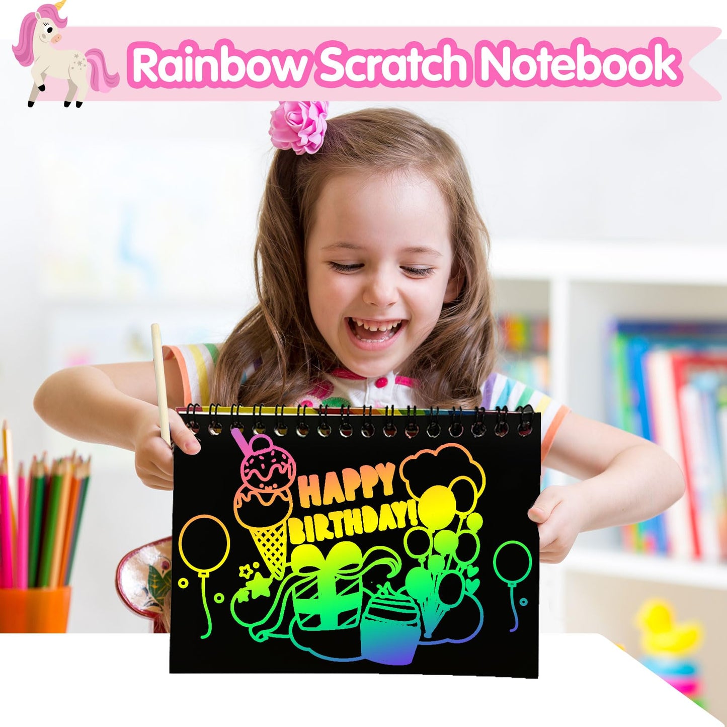ZMLM 24 Pack Rainbow Scratch Art Party Favors for Kids 4-8 - Mess-Free Birthday Goodie Bags Stuffers, Classroom Prizes Grades 1–3, Creative Paper Notebooks for Pre-K Kindergarten Gifts(Unicorn