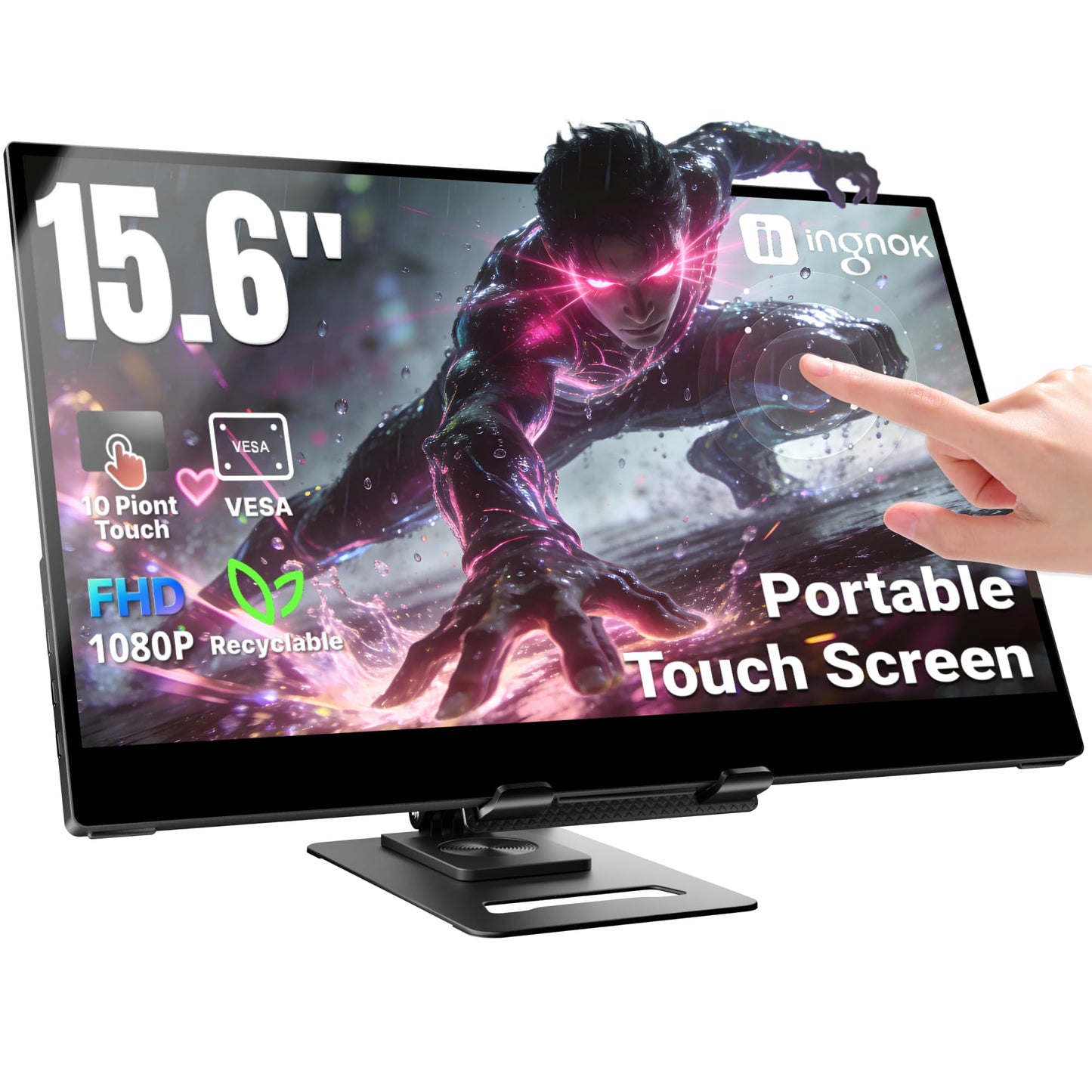 Ingnok Portable Monitor,15.6 inch 10 Point Touchscreen, FHD 1080P Laptop Screen Extender,Multi-Touch Gestures for Laptop,Mac, DC Dimming EyeCare, Adjustable Stand,USB C HDMI