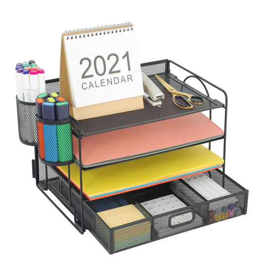 Marbrasse Desk Organizer and Accessories4-Tier Paper File Letter Tray Accessories & Workspace Desk Organizers with Drawer and 2 Pen Holders for School Home Office Supplies (Black)