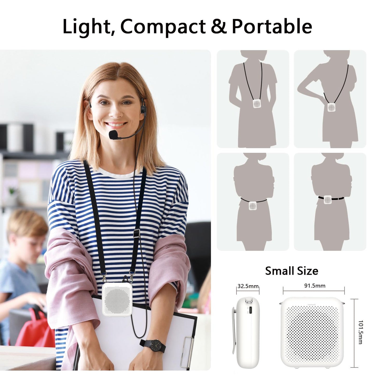 Norwii Bluetooth Voice Amplifier, Power Amplifiers, Portable Mini Wired Microphone Headset for Teacher Classroom & Outdoor Lectures, Teaching, Tour Guides, USB-C Rechargeable - 2000mAh, White