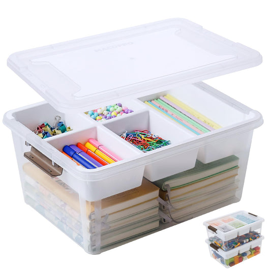 MACOPRO 17 QT Plastic Storage Box with Removable Tray, Bins with Lids, Clear Storage Container for Craft Organization, Beads, Tools, Sewing, and Playdoh, Art Supply Organizer (White, 1Pack-17QT)
