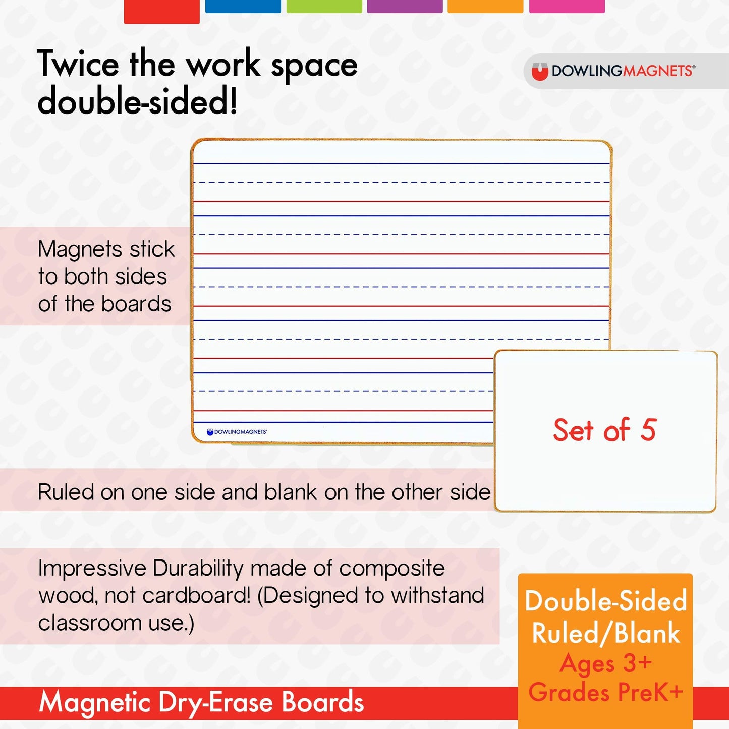 Dowling Magnets Magnetic Dry-Erase Boards – Double-Sided Ruled/Blank – 12" Long x 8.75" Wide – Pack of 5. (735206), White