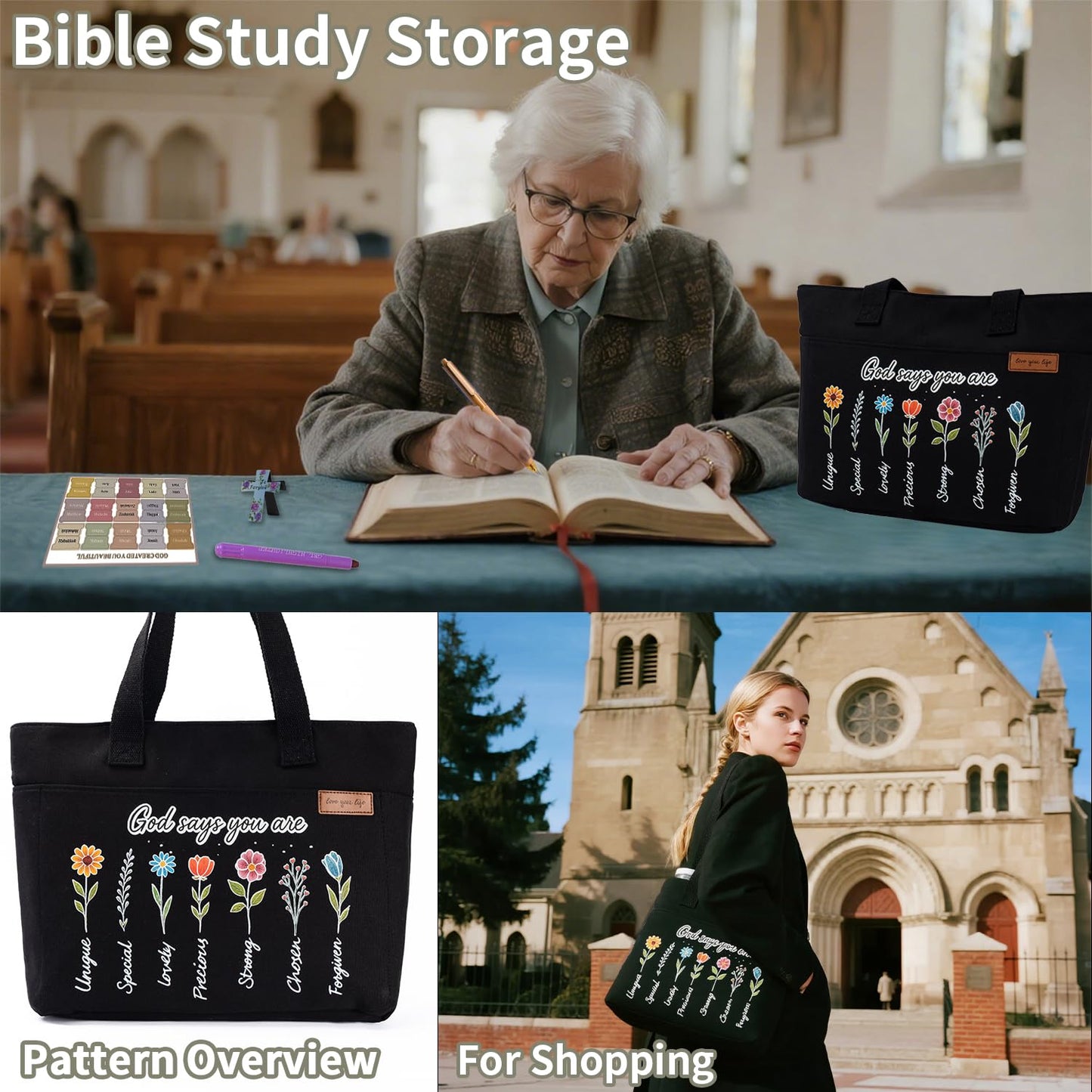 25 PCS Bible Study Supplies Kit, Large Capacity Canvas Tote Bag for Women Organizer, Bible Highlighters and Quick Dry Pens No Bleed Through, Notebook Bible Tabs Cross Bookmark Journaling Accessories